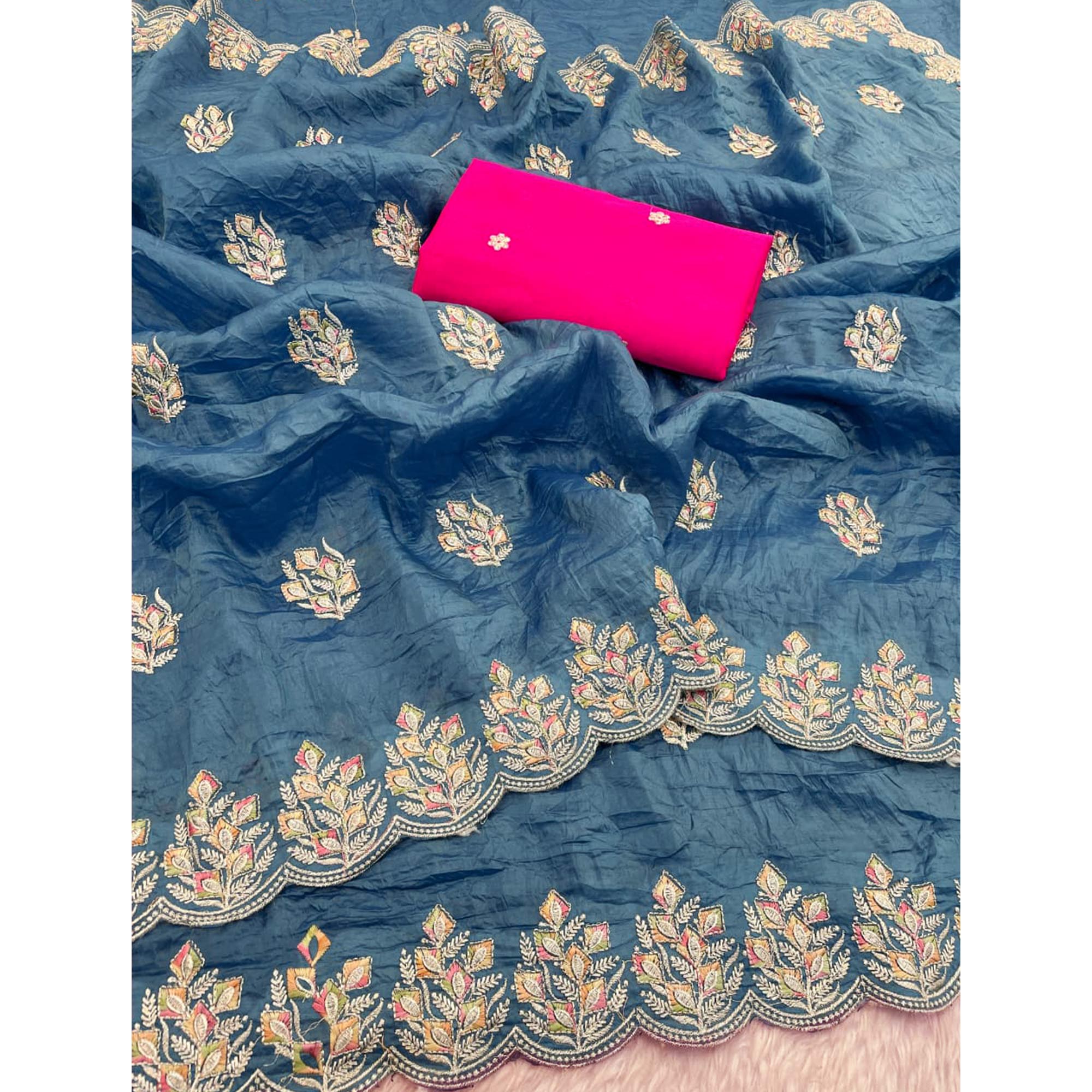 Classic Blue Silk Blend Crush Saree Beautifully Embellished With Floral Thread Embroidery