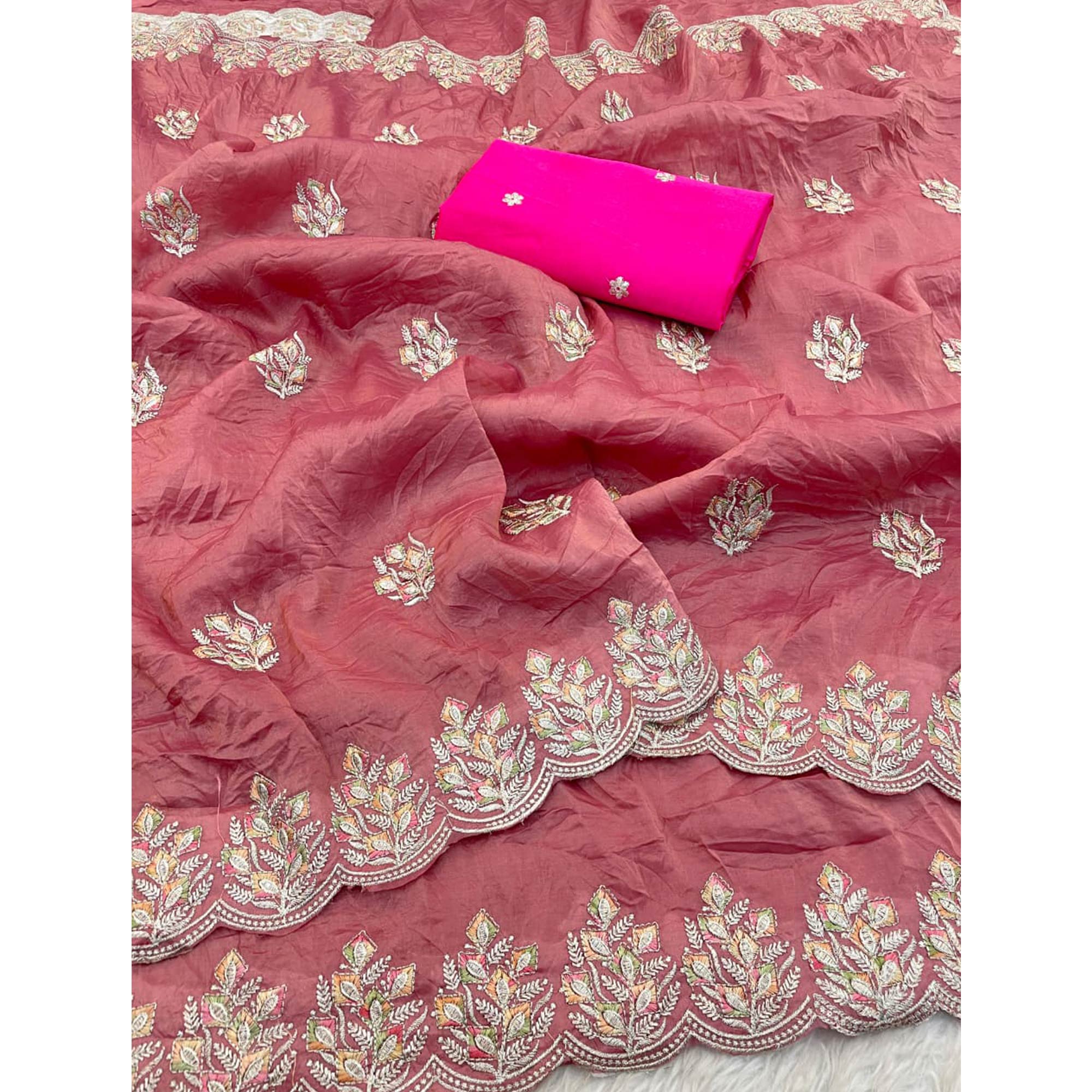 Classic Dusty Pink Silk Blend Crush Saree Beautifully Embellished With Floral Thread Embroidery