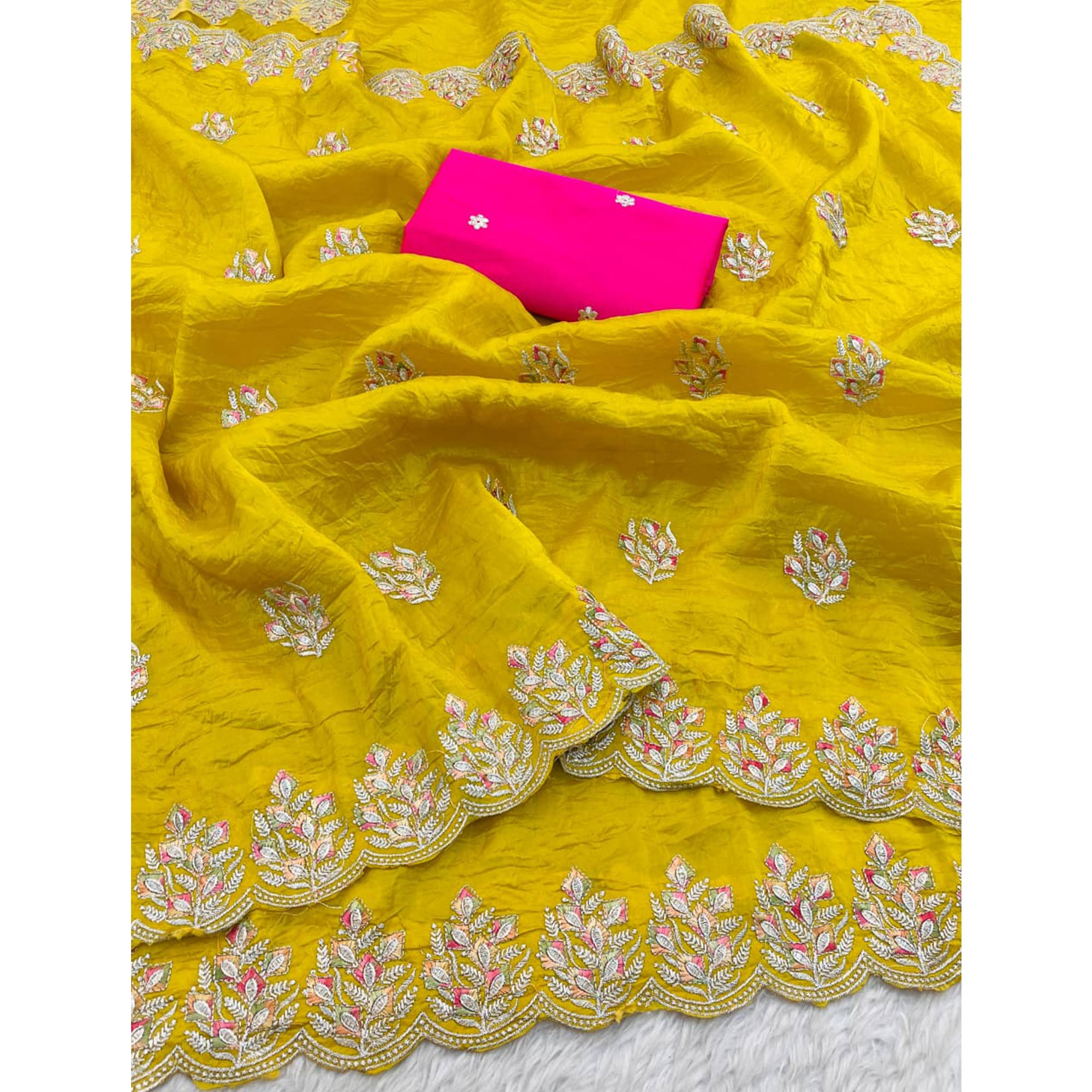 Classic Mustard Silk Blend Crush Saree Beautifully Embellished With Floral Thread Embroidery