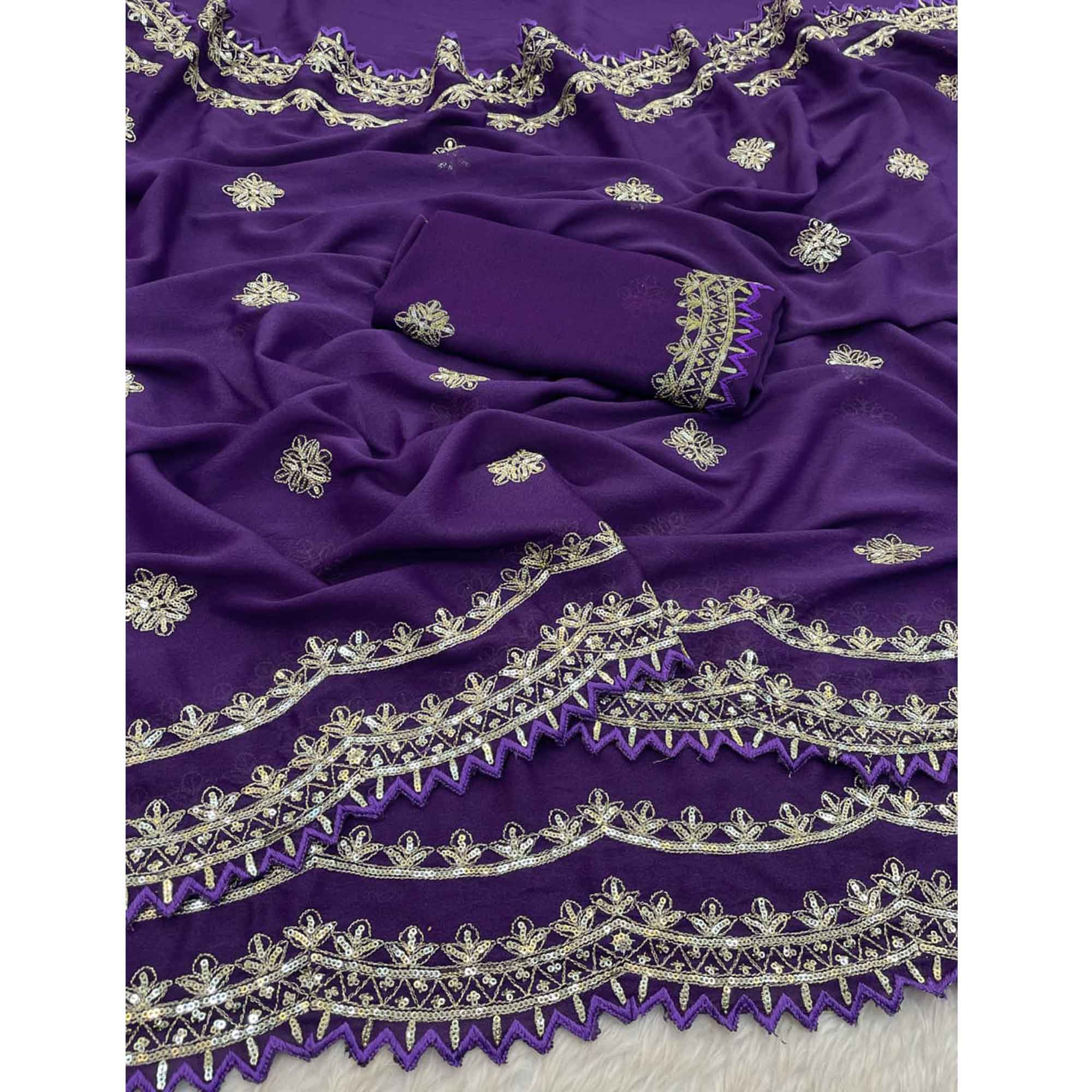 Radiant Purple Thread Work Georgette Silk Saree Beautifully Enhanced With Sequins Embellishment
