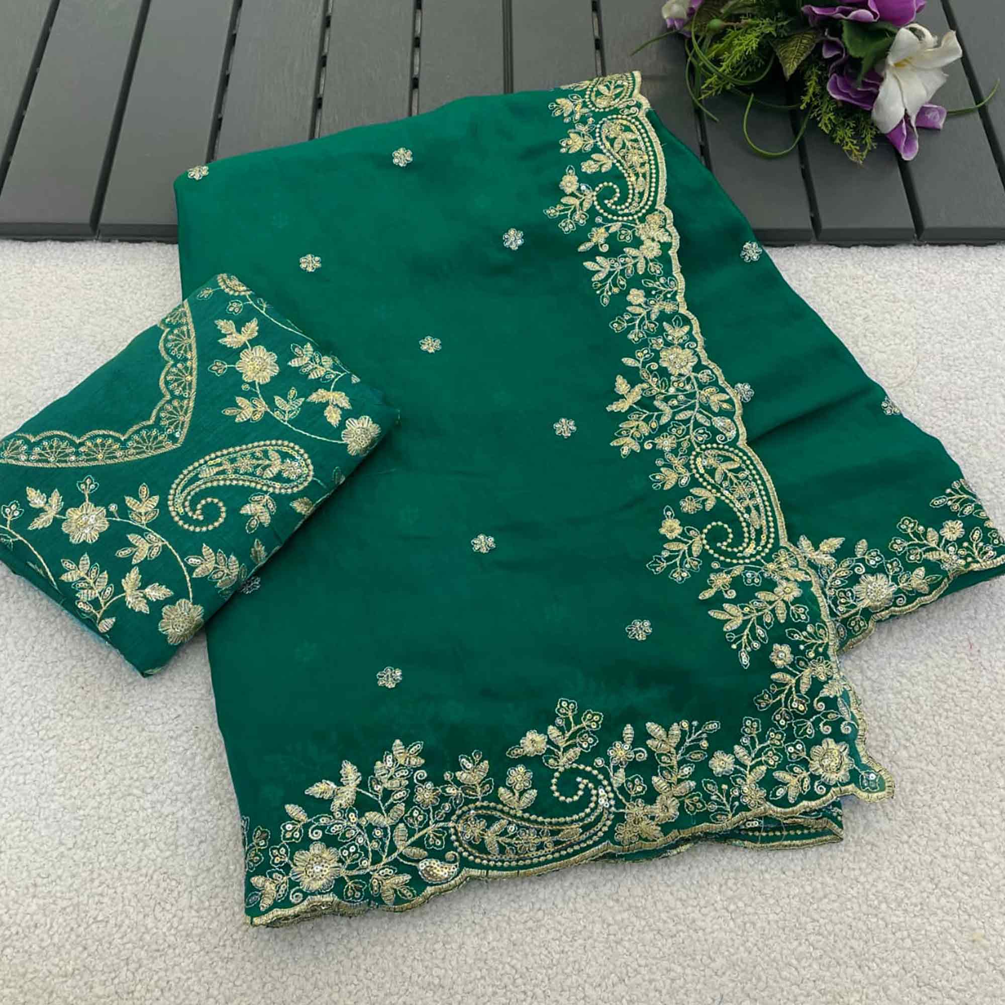 Green Partywear Organza Satin Silk Crush Saree with Delicate Floral Embroidery