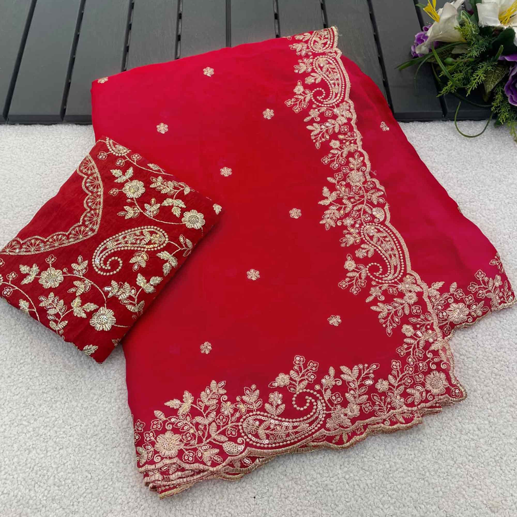 Red Partywear Organza Satin Silk Crush Saree with Delicate Floral Embroidery