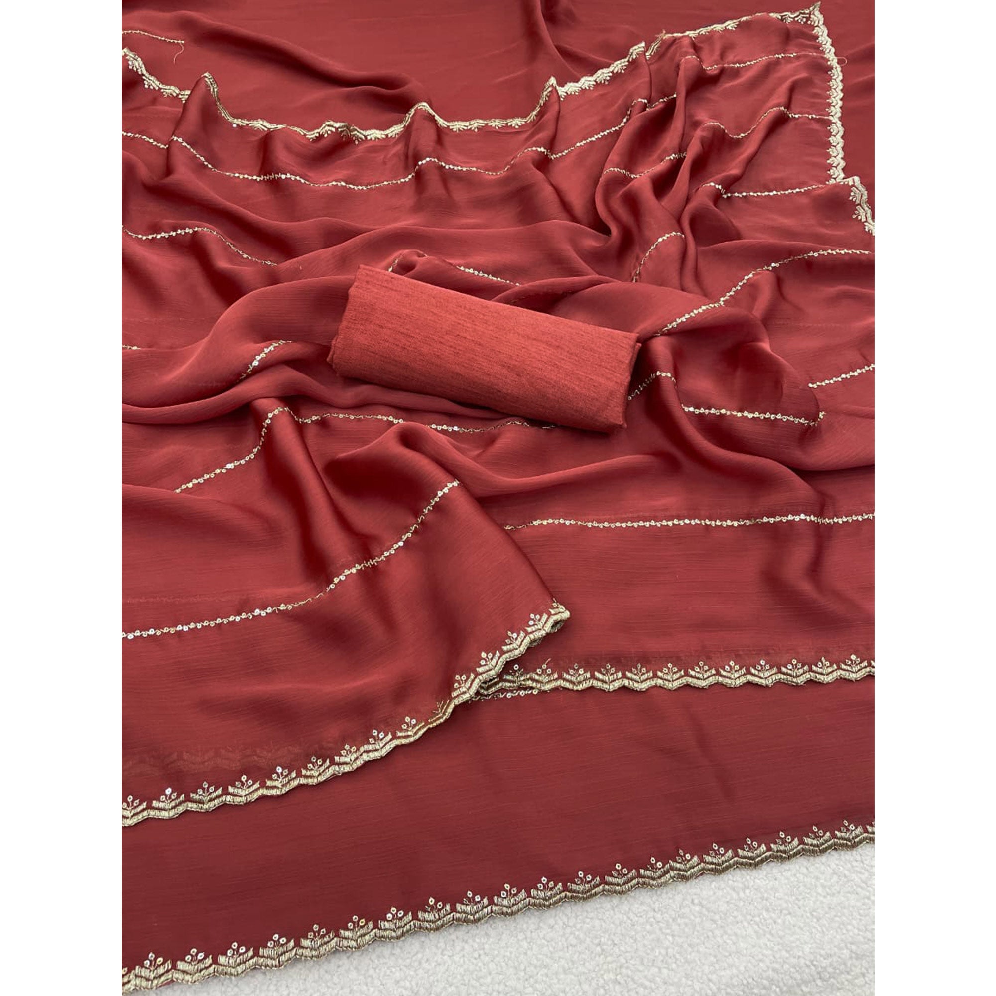 Brick Red Soft Satin Chiffon Saree Adorned with Intricate Sequins Detailing