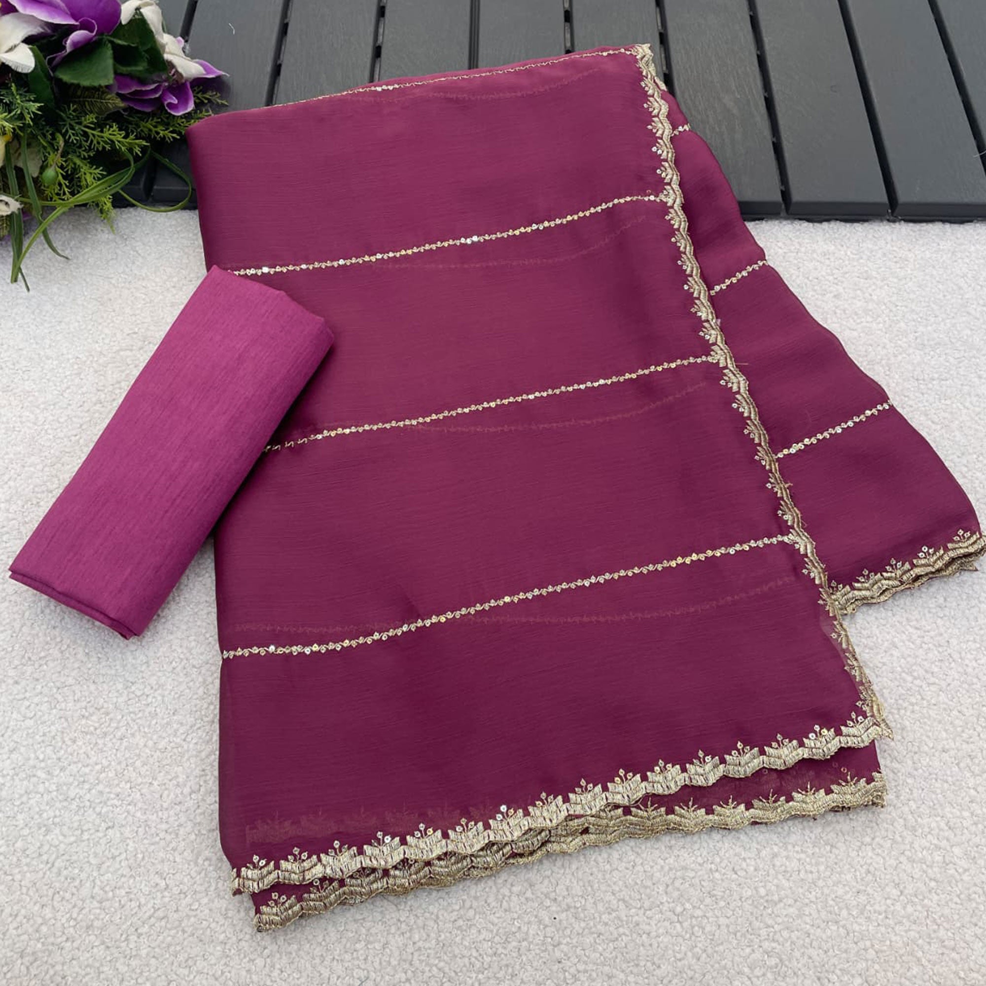 Mauve Soft Satin Chiffon Saree Adorned with Intricate Sequins Detailing