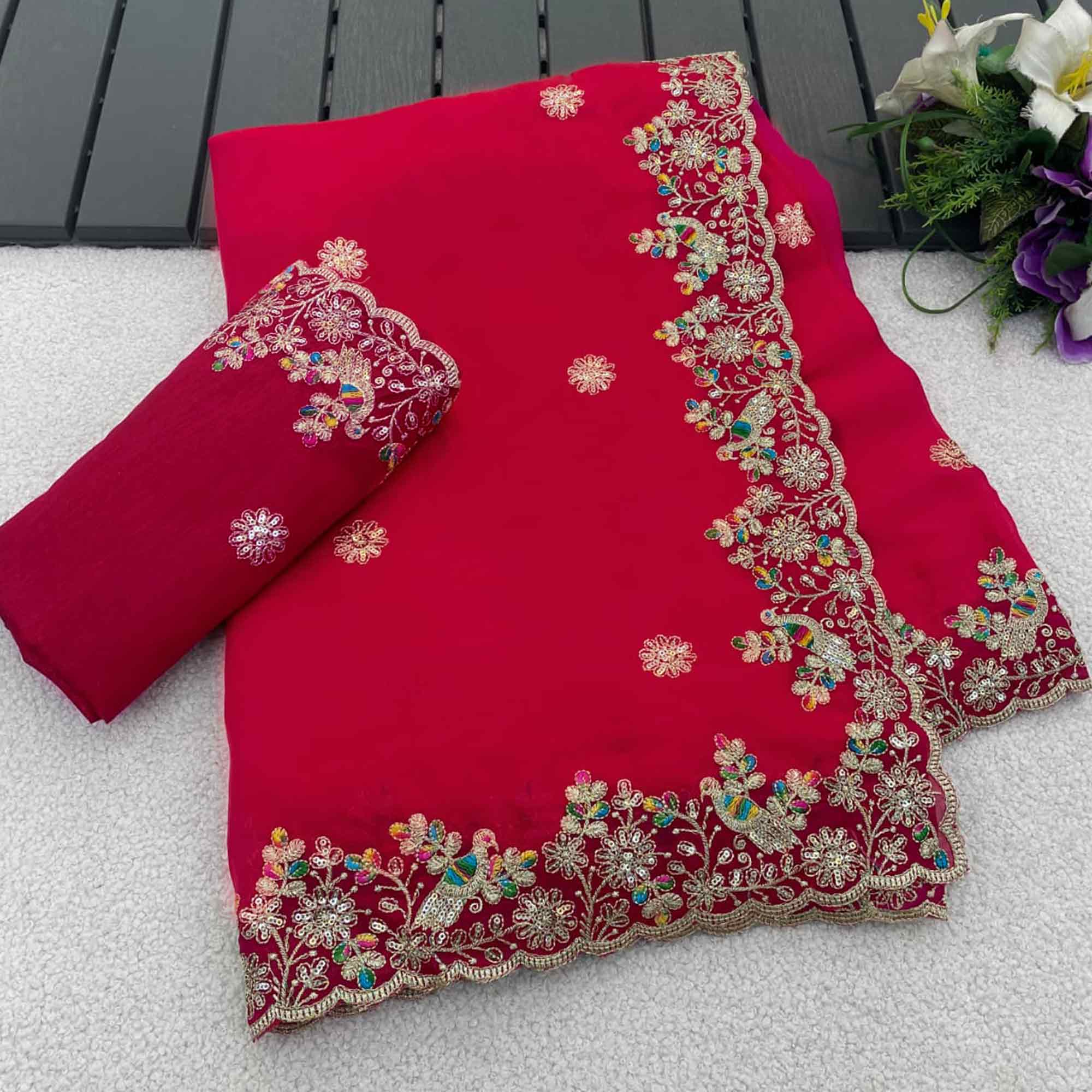 Pink Floral Embroidered Lightweight Organza Satin Silk Saree for Party and Festive Wear