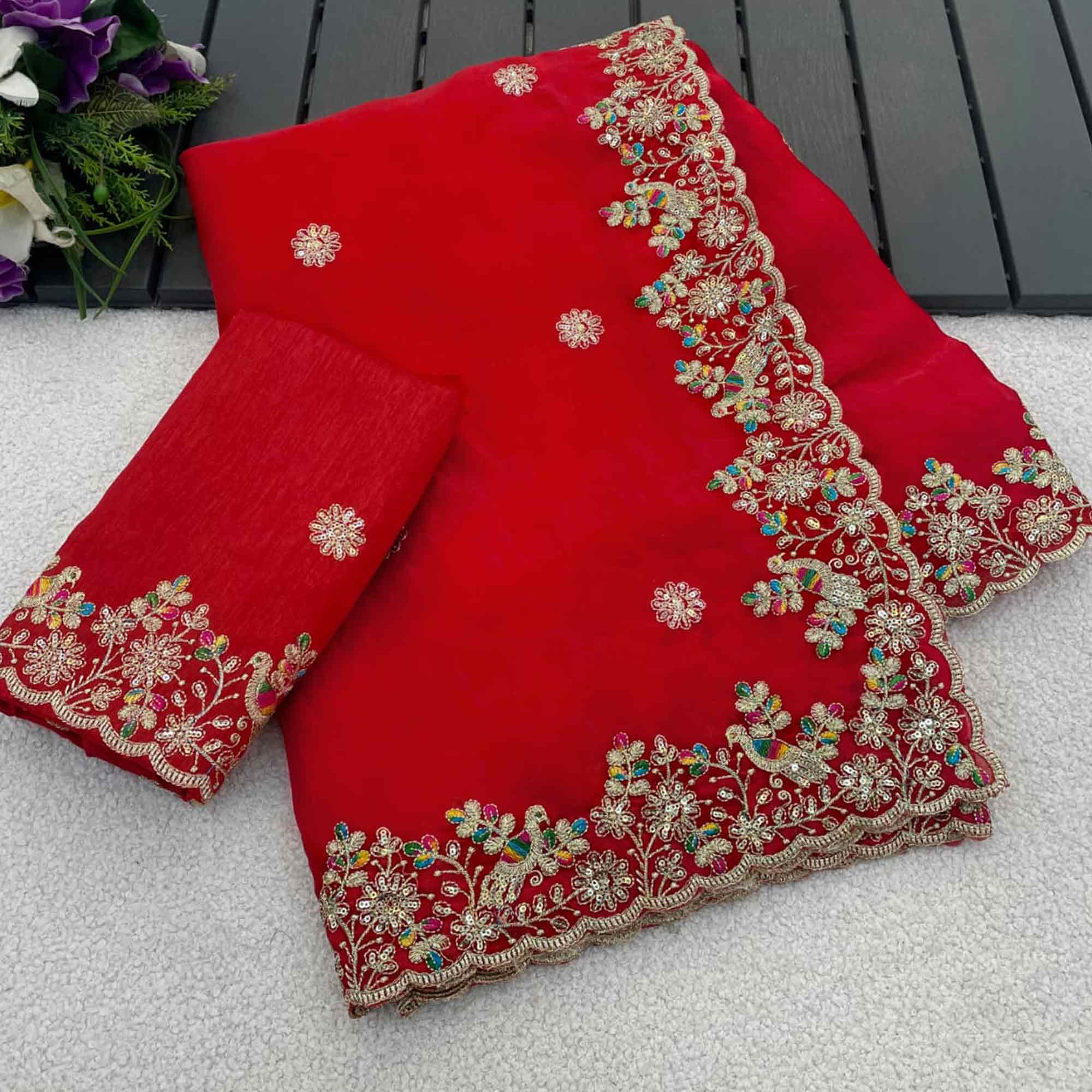 Red Floral Embroidered Lightweight Organza Satin Silk Saree for Party and Festive Wear