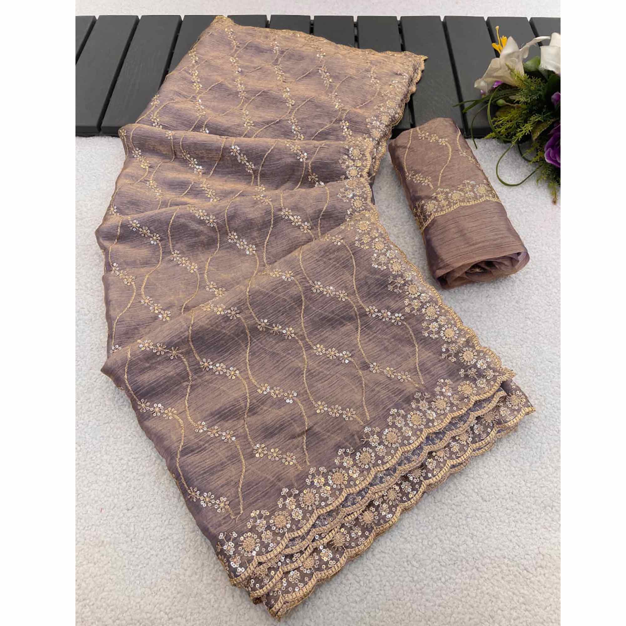 Lavender Partywear Organza Chiffon Silk Saree Highlighted with Fine Sequins Detailing