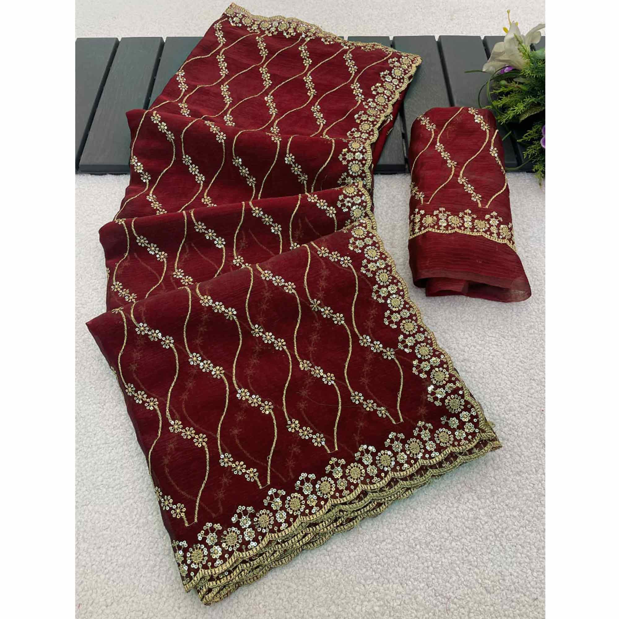 Maroon Partywear Organza Chiffon Silk Saree Highlighted with Fine Sequins Detailing