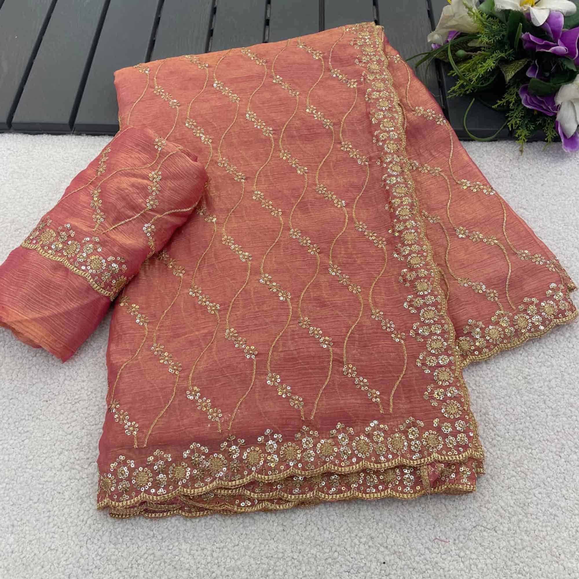 Peach Partywear Organza Chiffon Silk Saree Highlighted with Fine Sequins Detailing