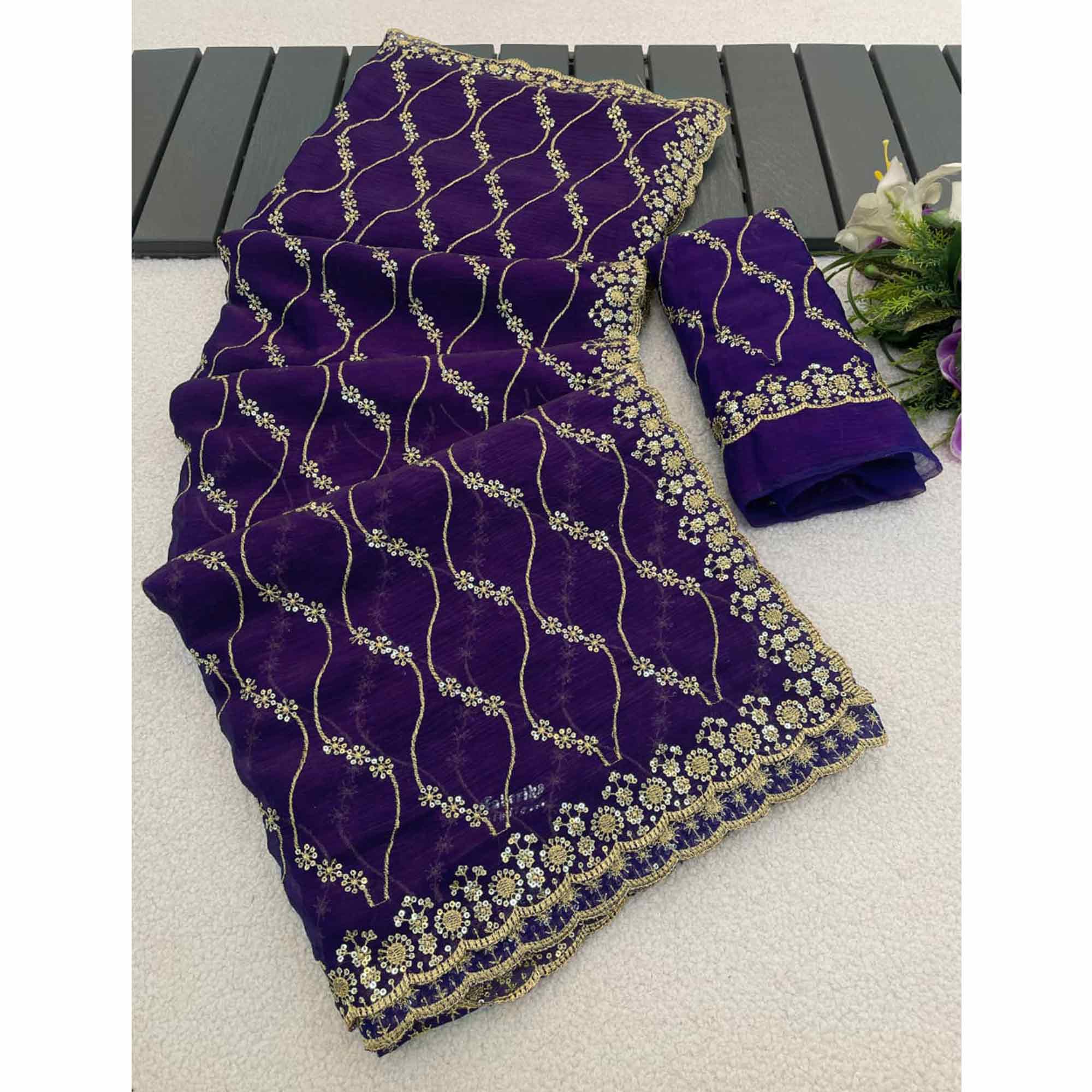 Violet Partywear Organza Chiffon Silk Saree Highlighted with Fine Sequins Detailing