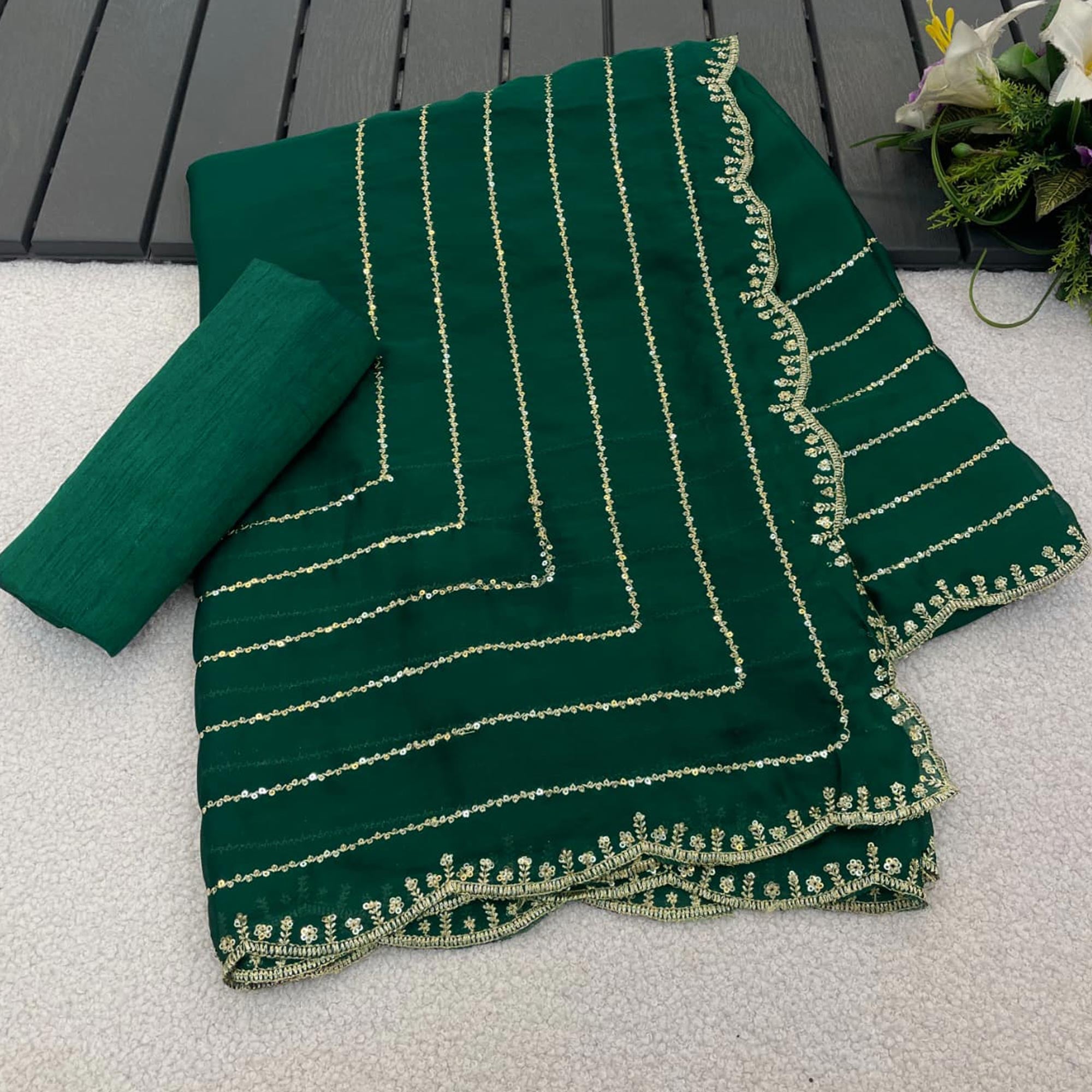 Green Soft Satin Chiffon Saree Embellished with Intricate Sequins Detailing
