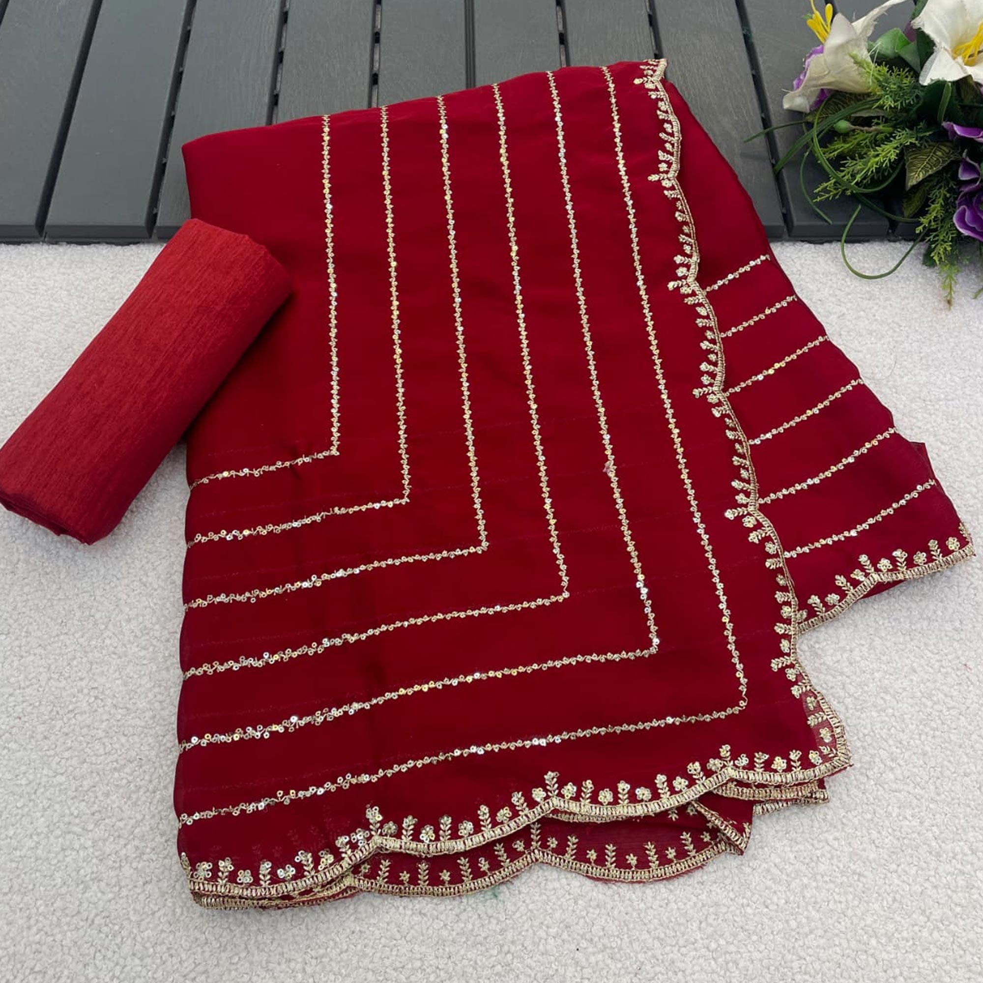 Maroon Soft Satin Chiffon Saree Embellished with Intricate Sequins Detailing