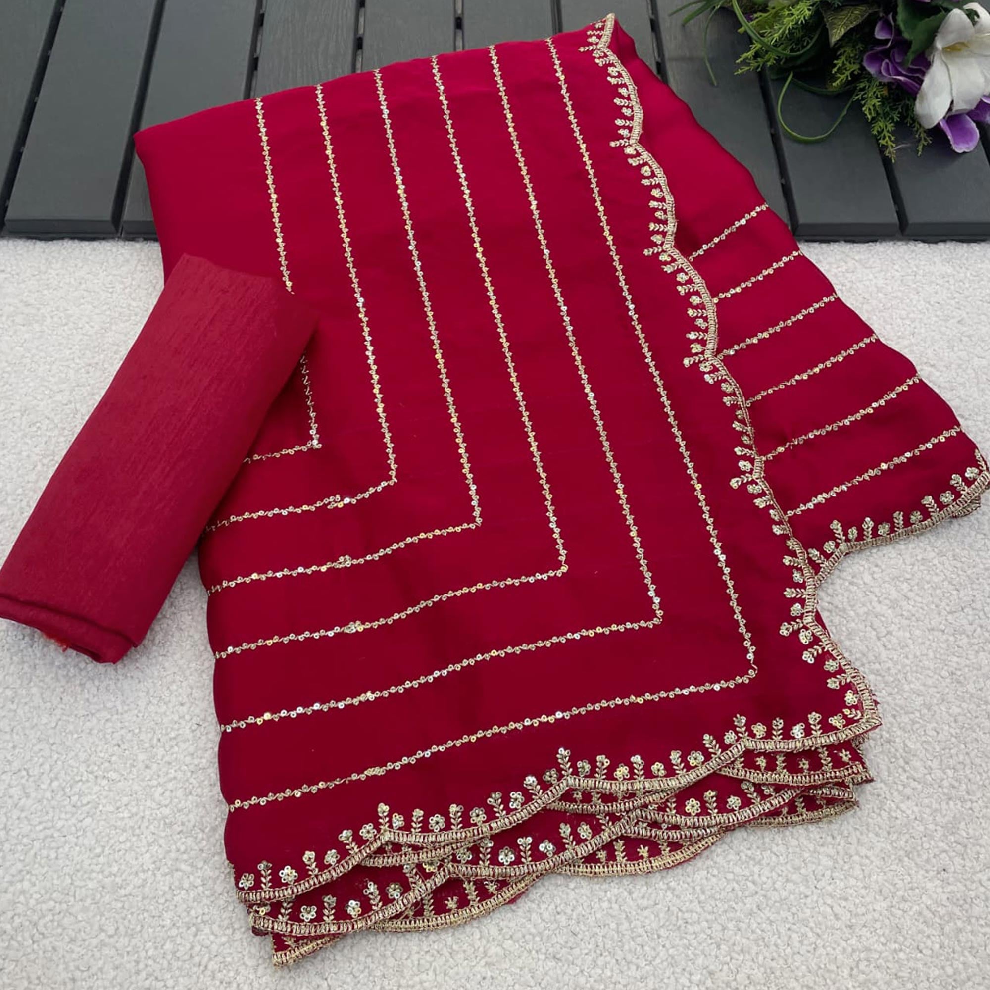 Pink Soft Satin Chiffon Saree Embellished with Intricate Sequins Detailing