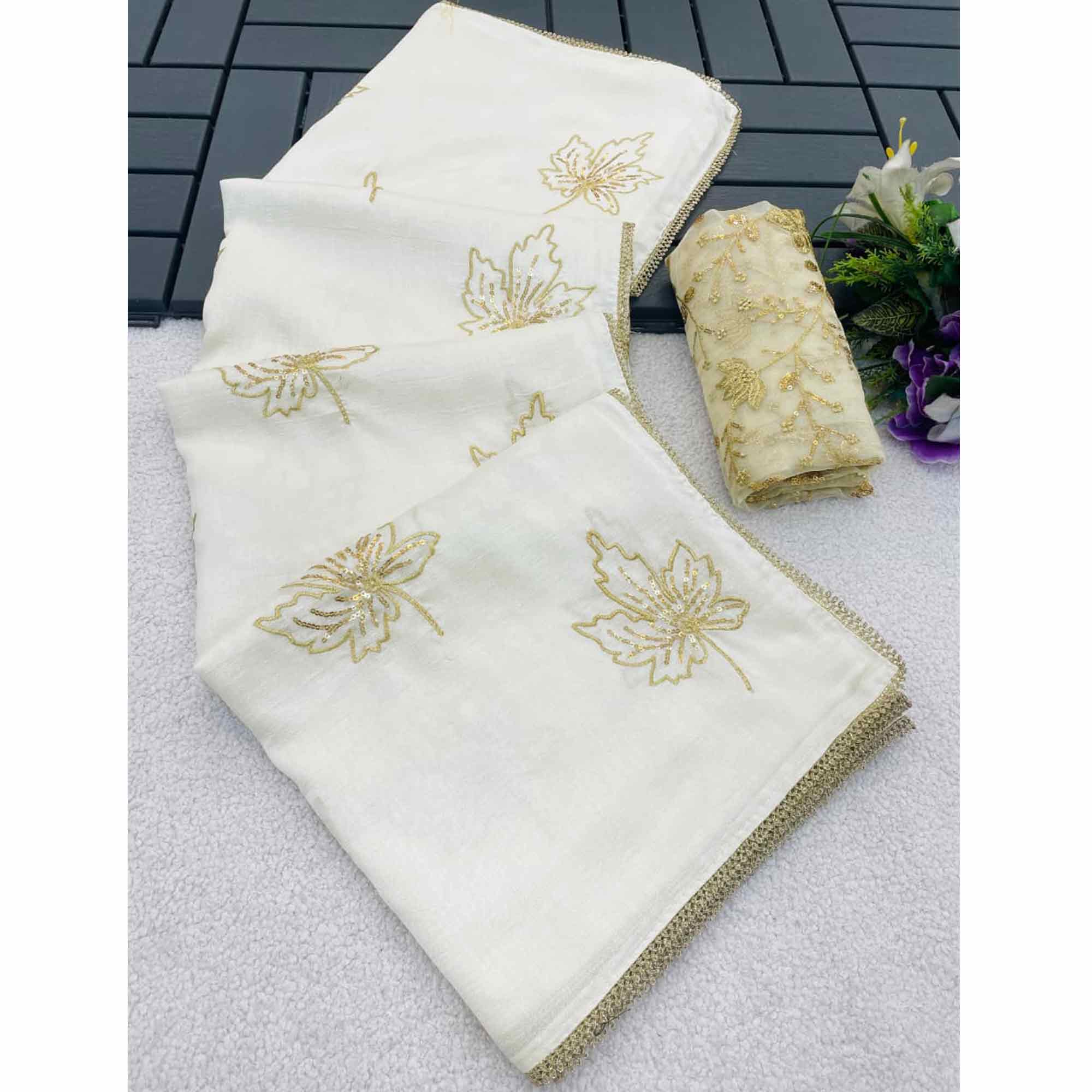 Glamorous Off White Sequin Embellished Saree in Premium Vichitra Silk