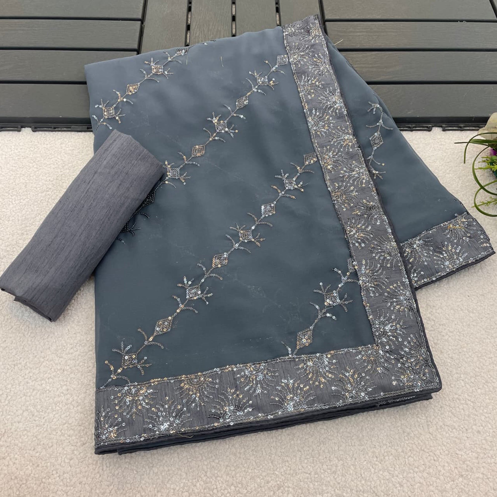 Grey Premium Vichitra Silk Saree Adorned with Shimmering Sequins Work