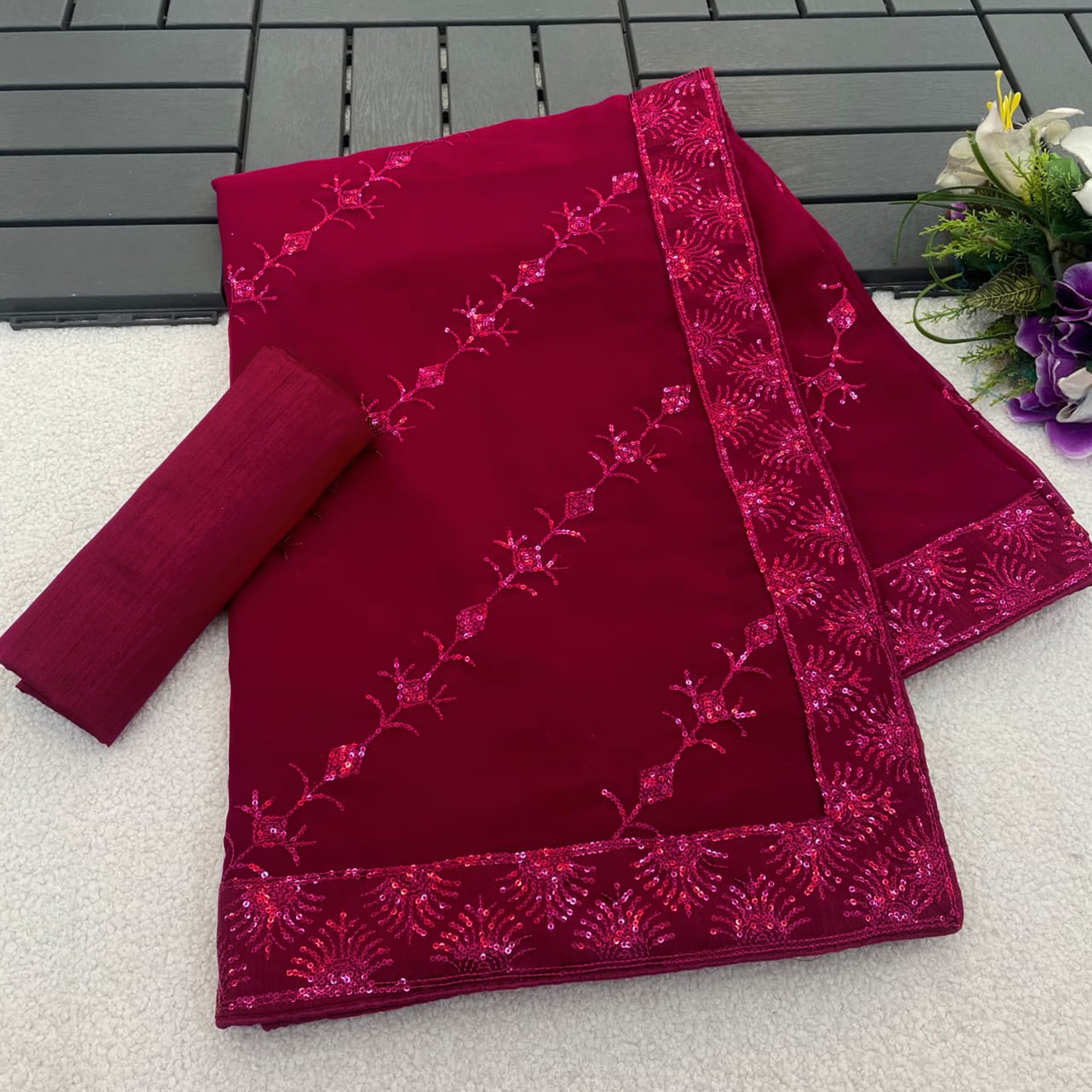 Pink Premium Vichitra Silk Saree Adorned with Shimmering Sequins Work