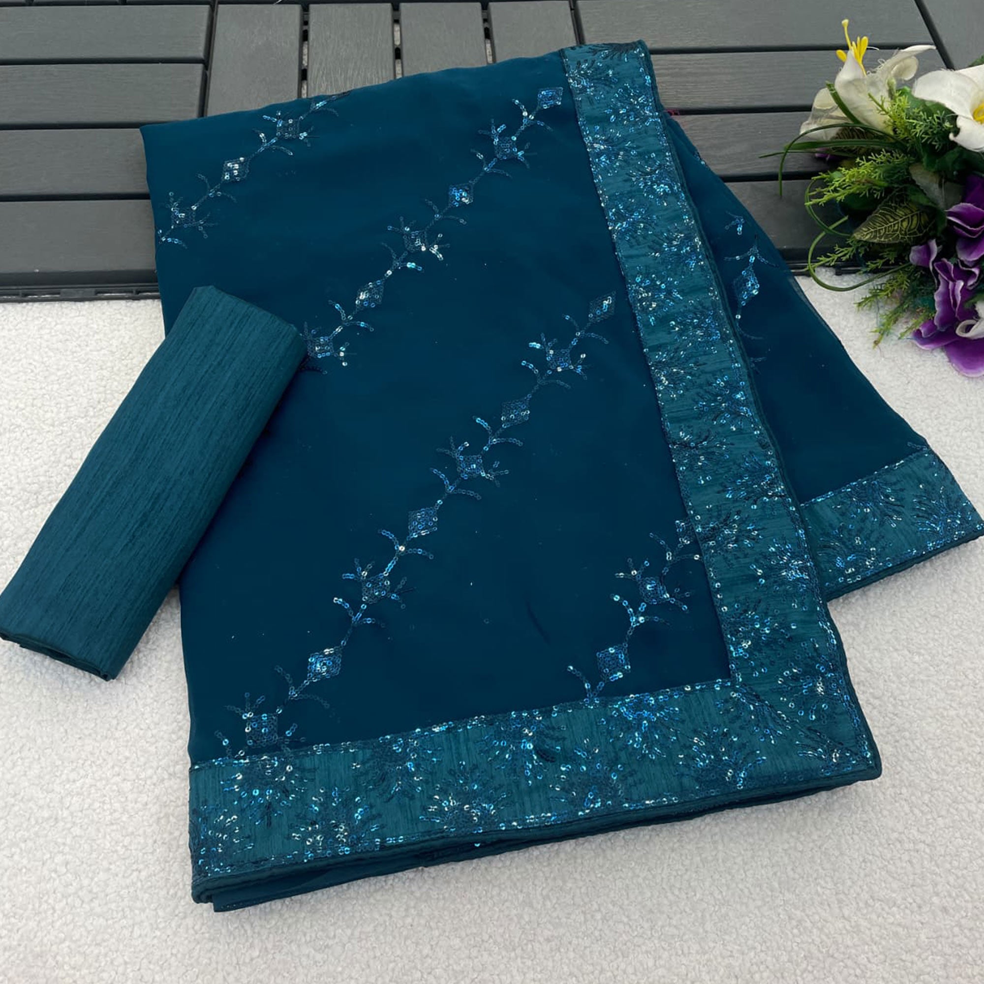 Teal Premium Vichitra Silk Saree Adorned with Shimmering Sequins Work