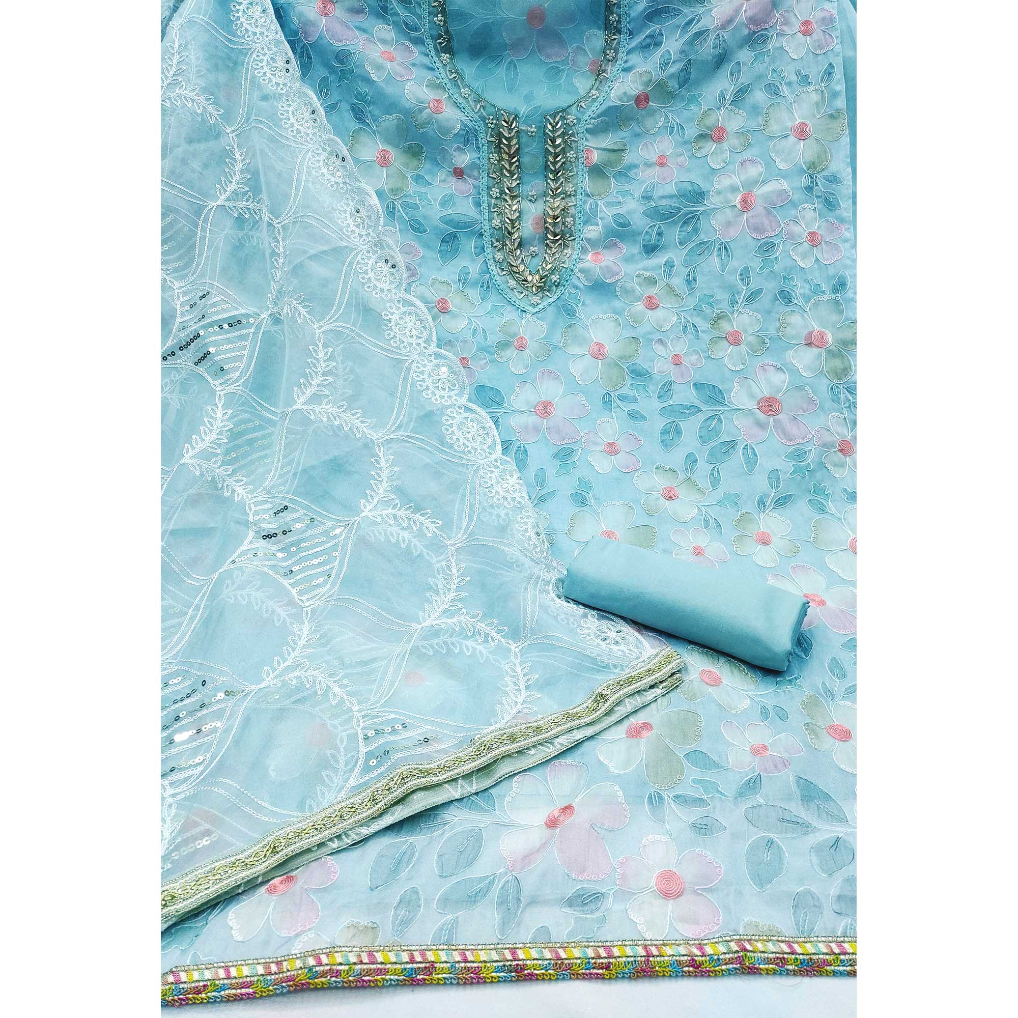 Blue Printed With Handwork Organza Dress Material