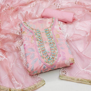 Peach Printed With Handwork Organza Dress Material