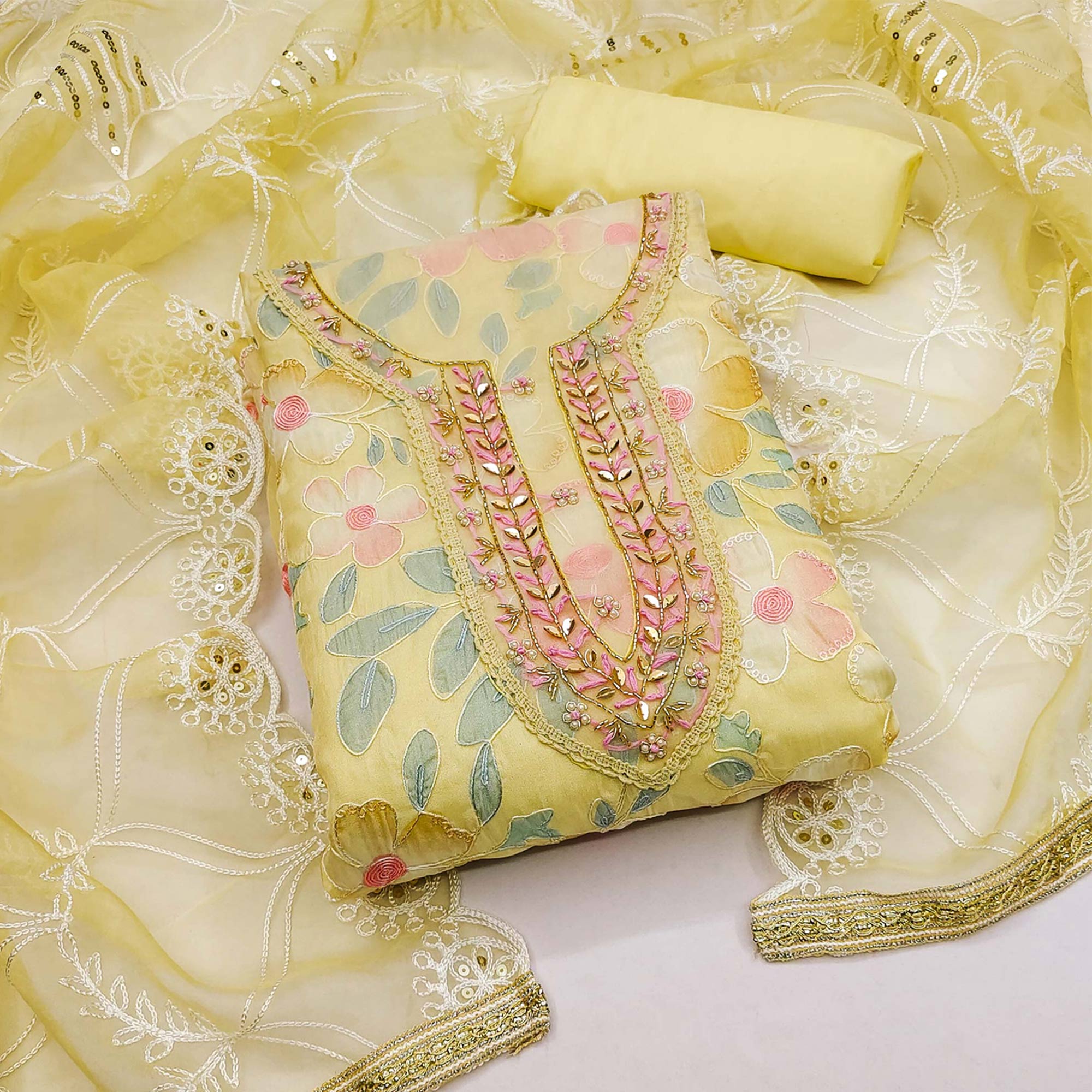 Yellow Printed With Handwork Organza Dress Material