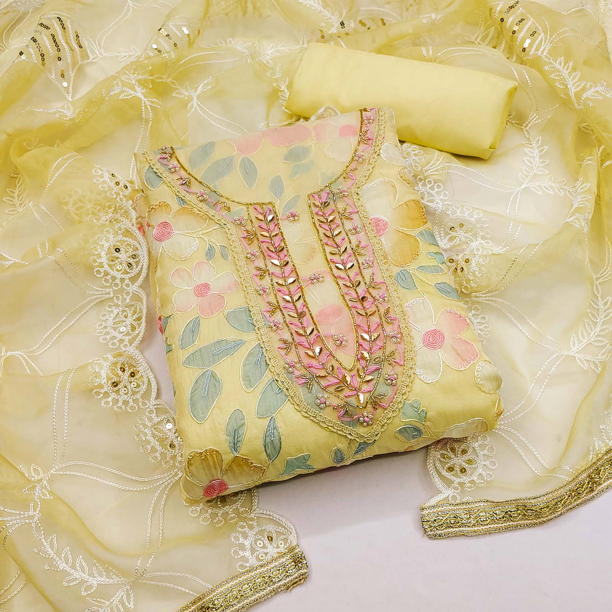 Yellow Printed With Handwork Organza Dress Material - Image 1