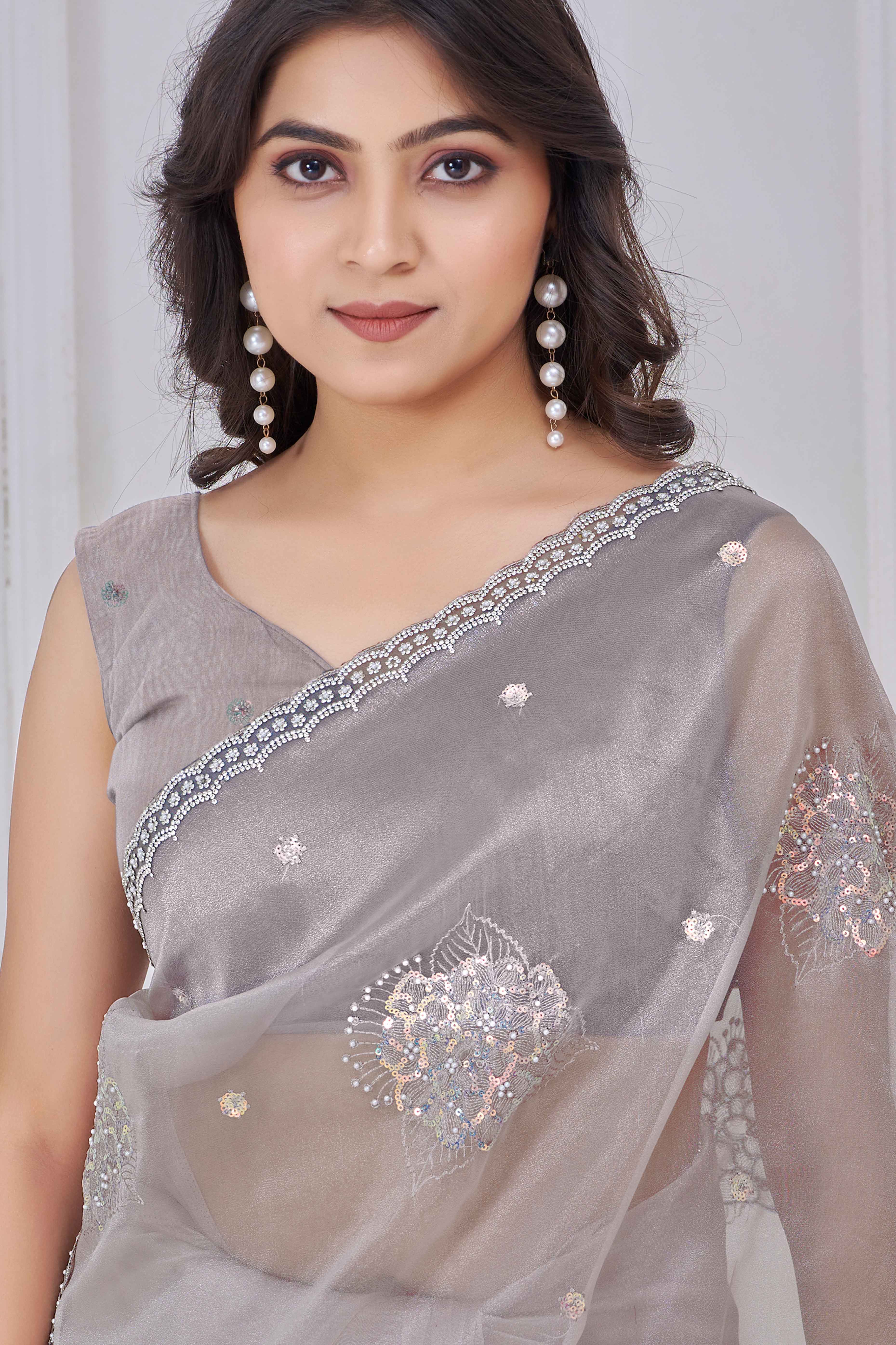 Pale Silver Sequins & Moti Work Organza Saree With Elegant Zarkan Border Detailing