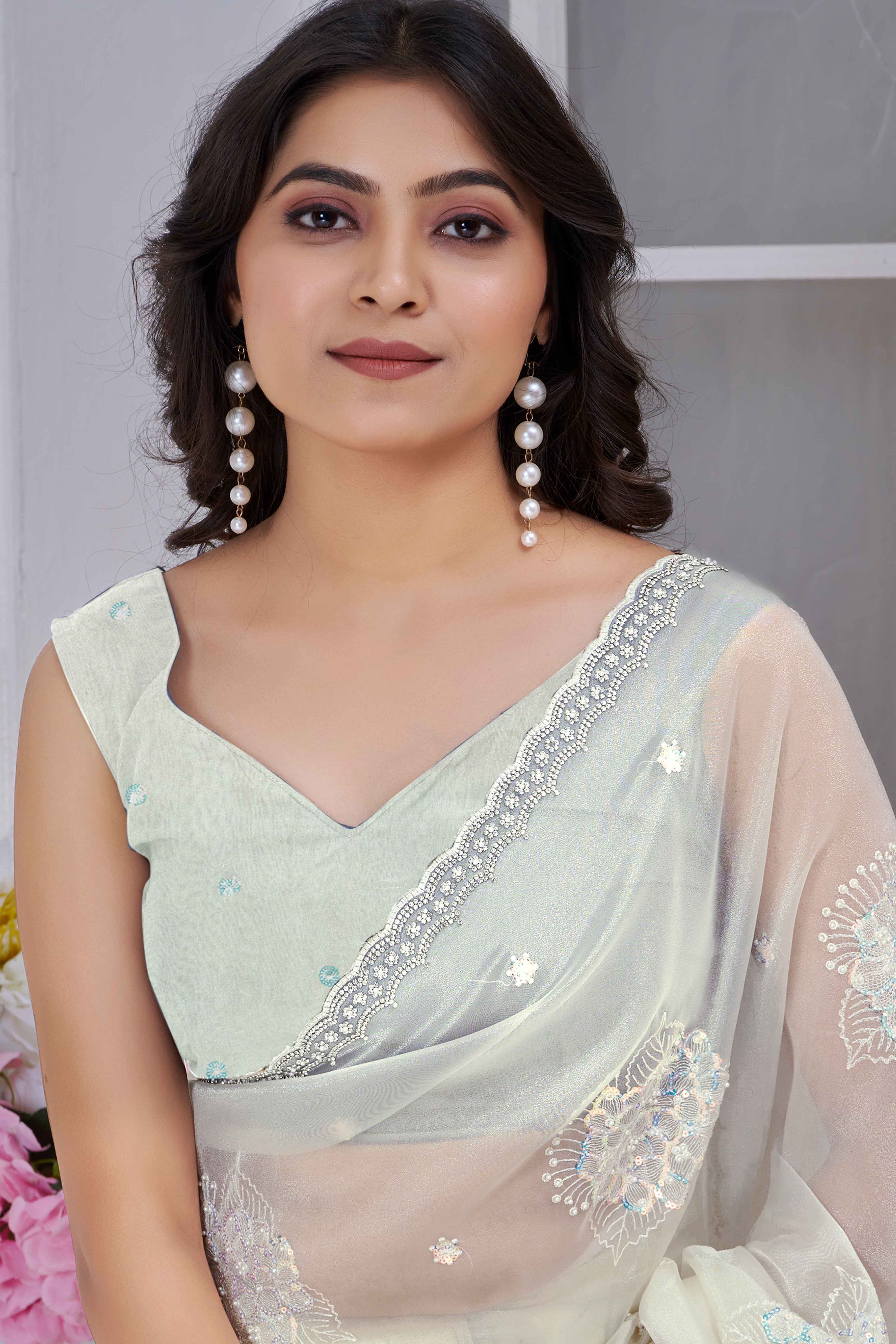 Offwhite Sequins & Moti Work Organza Saree With Elegant Zarkan Border Detailing