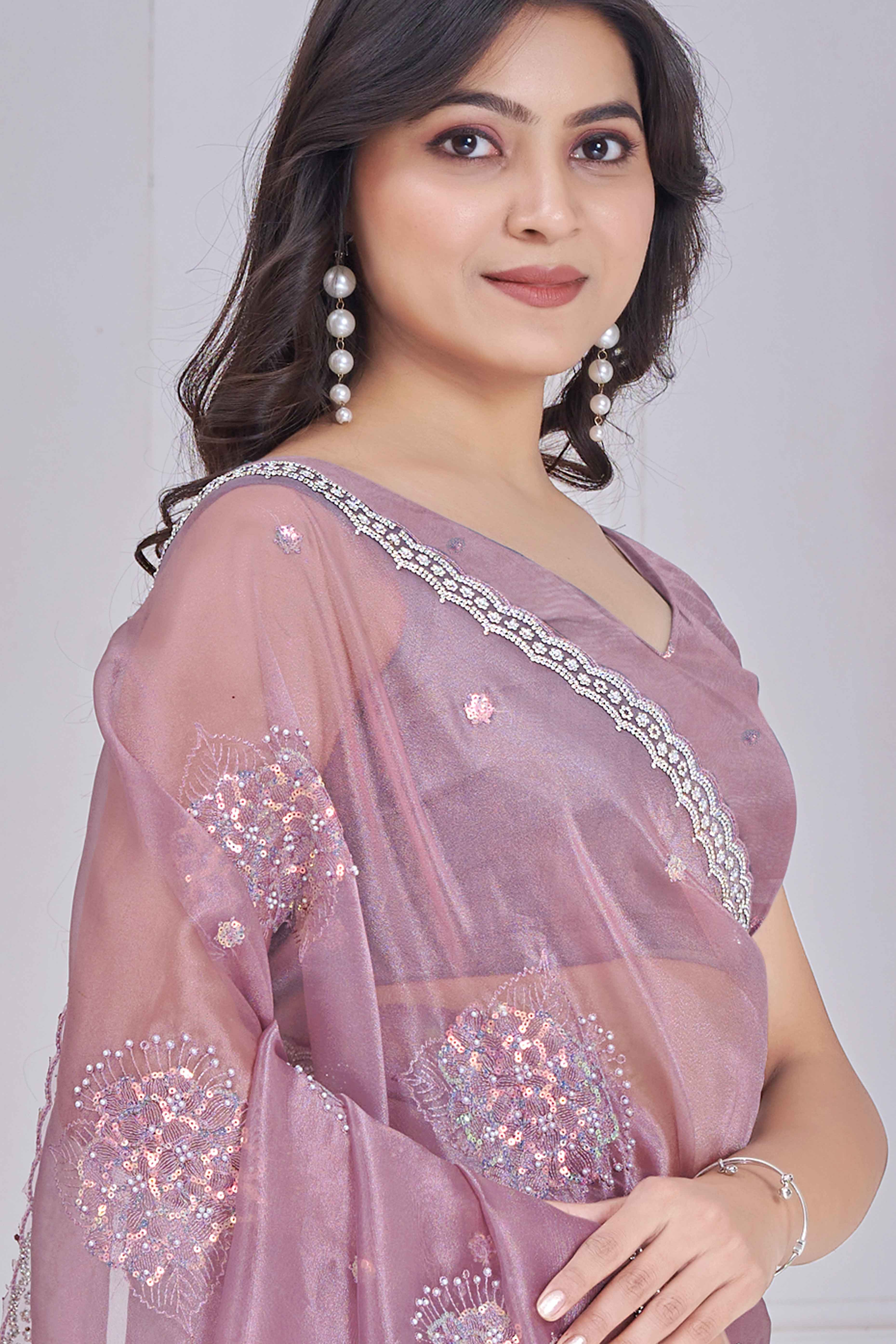 Mauve Sequins & Moti Work Organza Saree With Elegant Zarkan Border Detailing