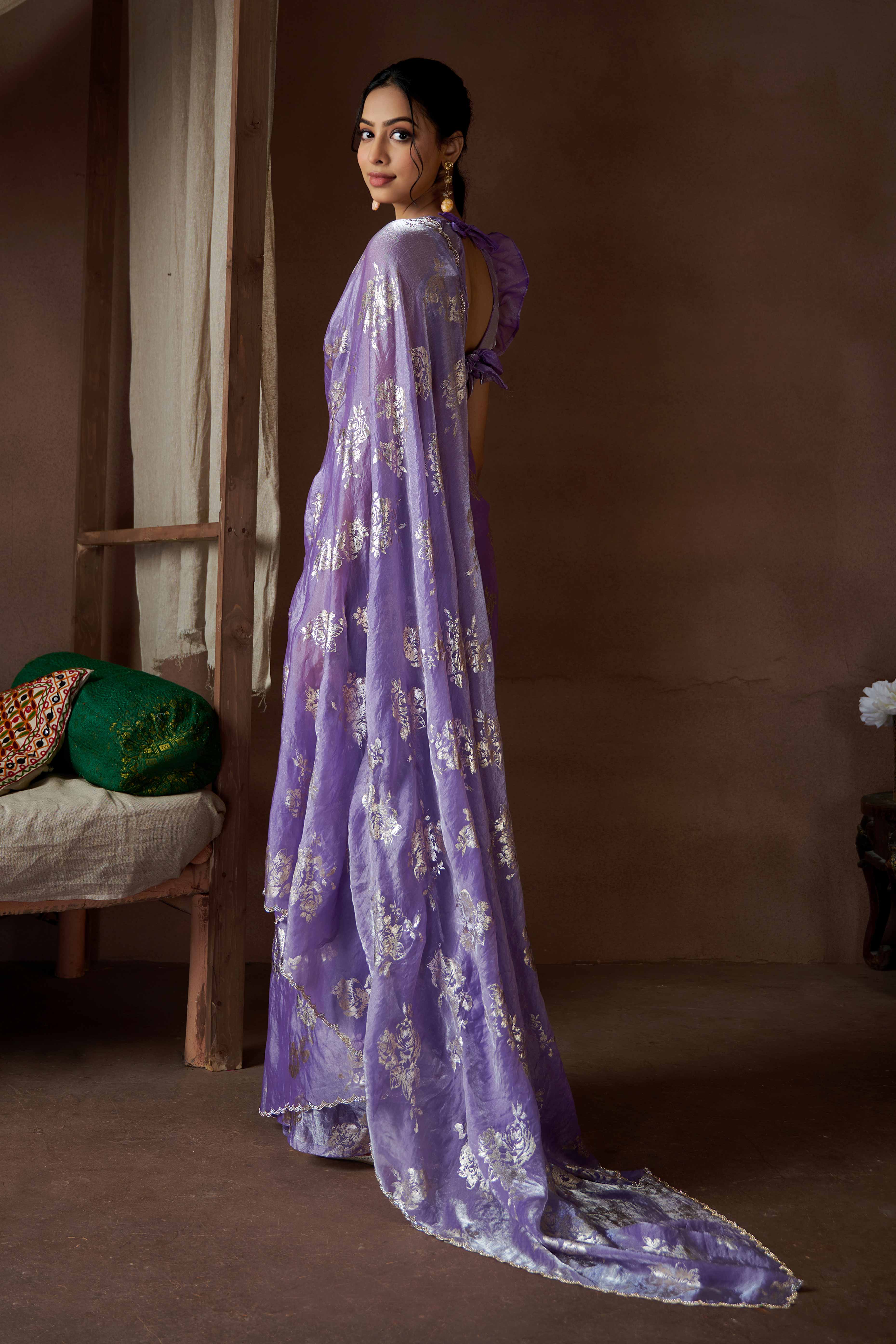 Lavender Floral Foil Printed Satin Silk Saree With Zarkan Border