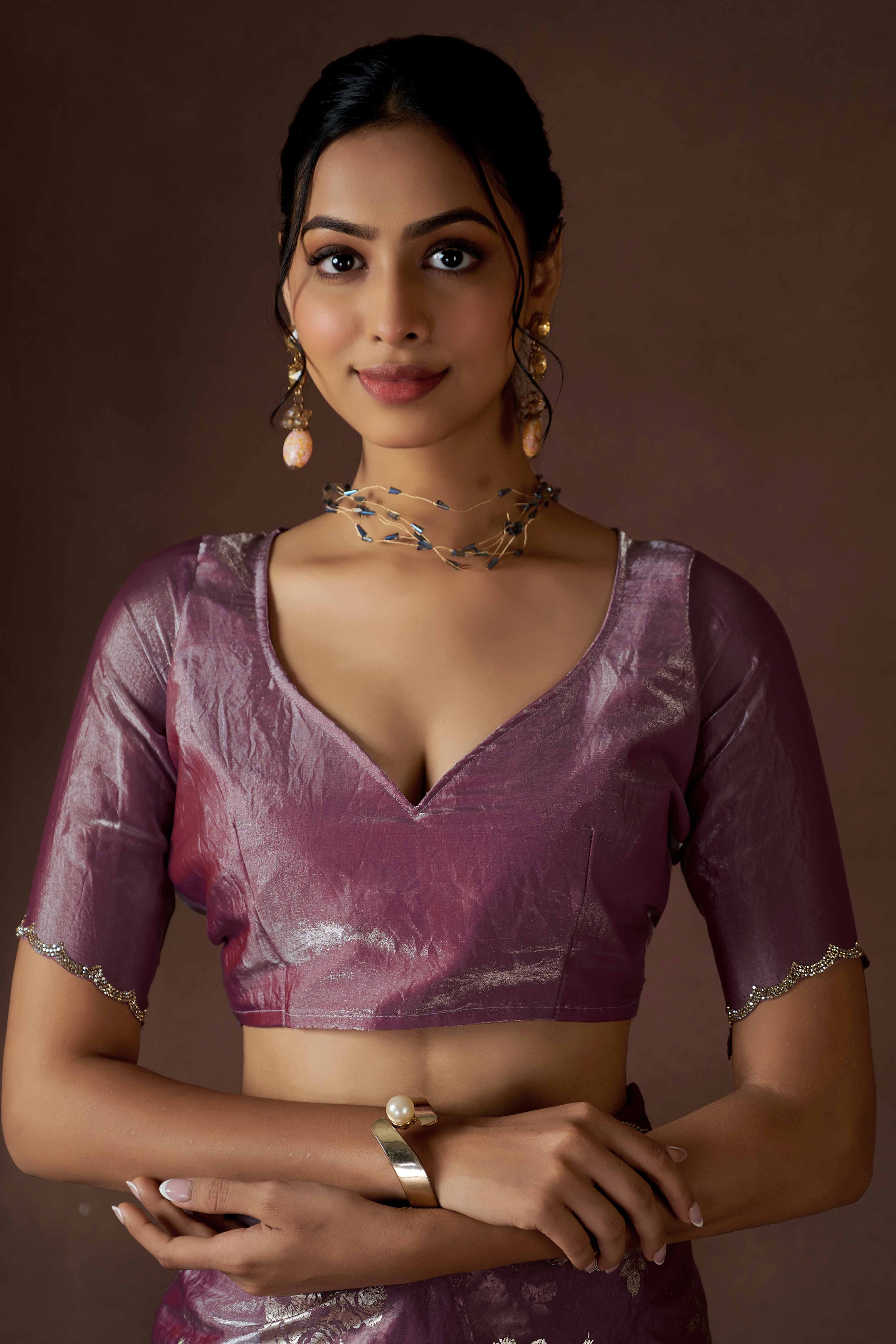 Wine Floral Foil Printed Satin Silk Saree With Zarkan Border