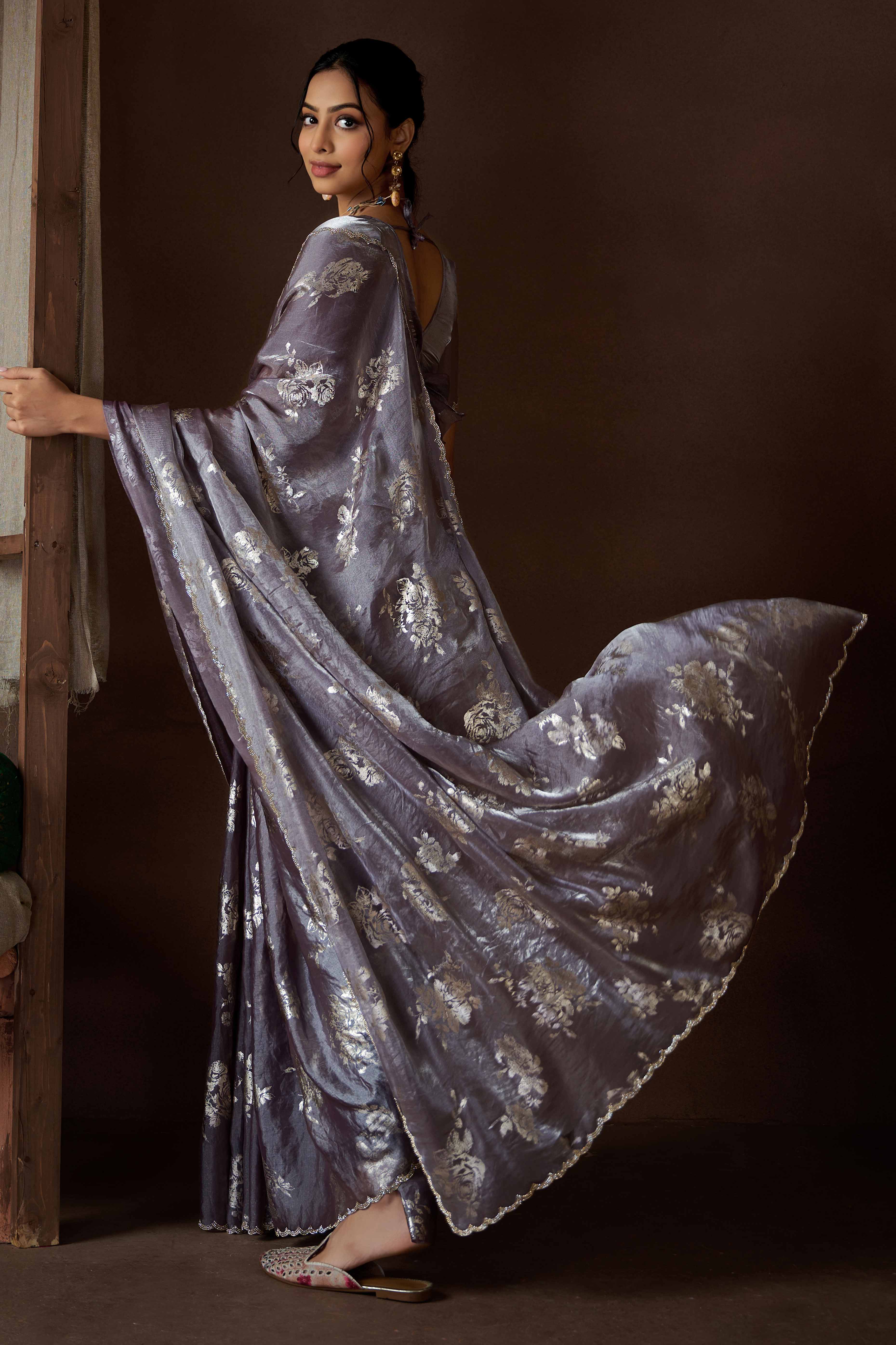 Grey Floral Foil Printed Satin Silk Saree With Zarkan Border