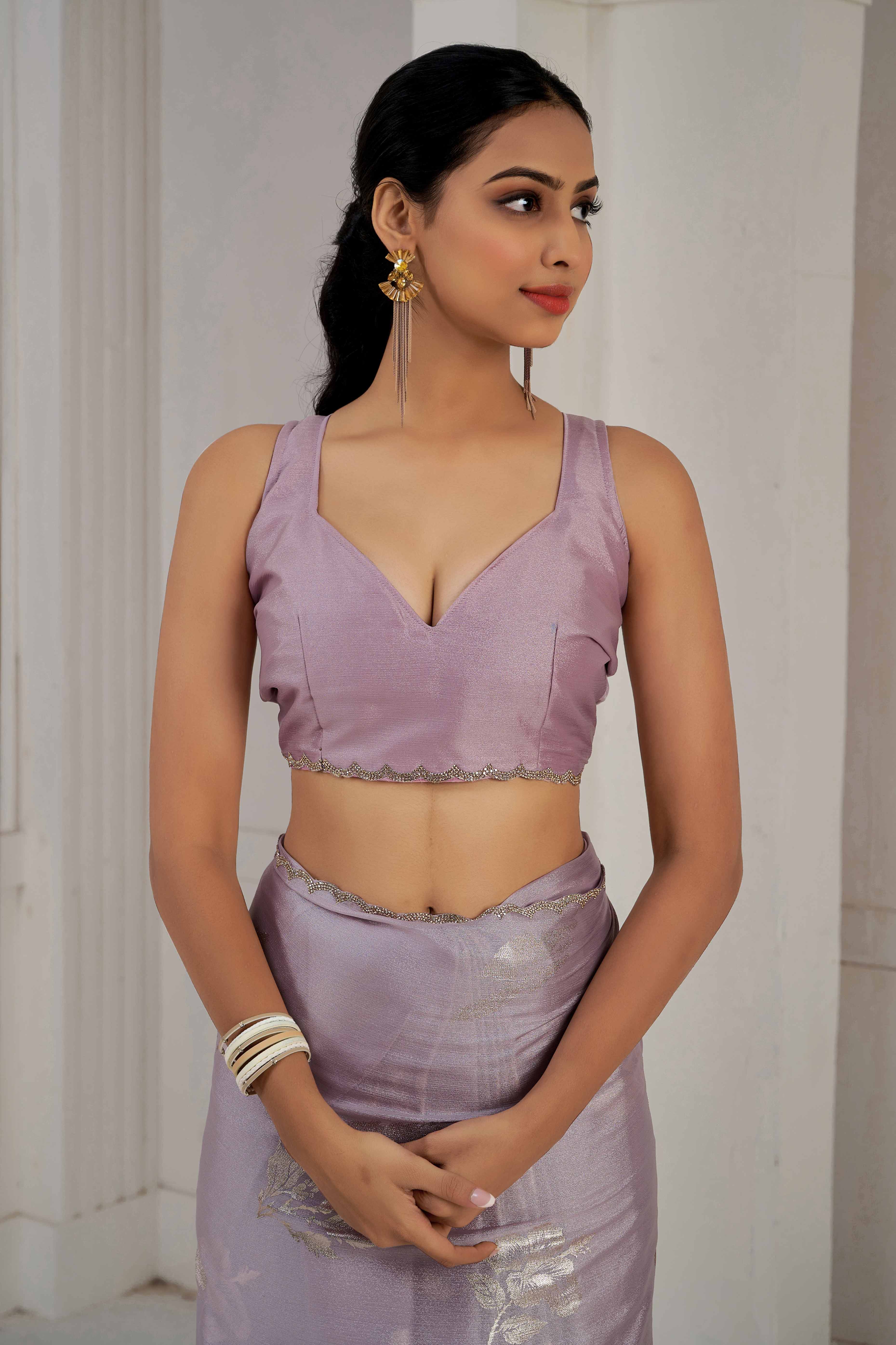 Lavender Floral Printed Stone Work Satin Saree