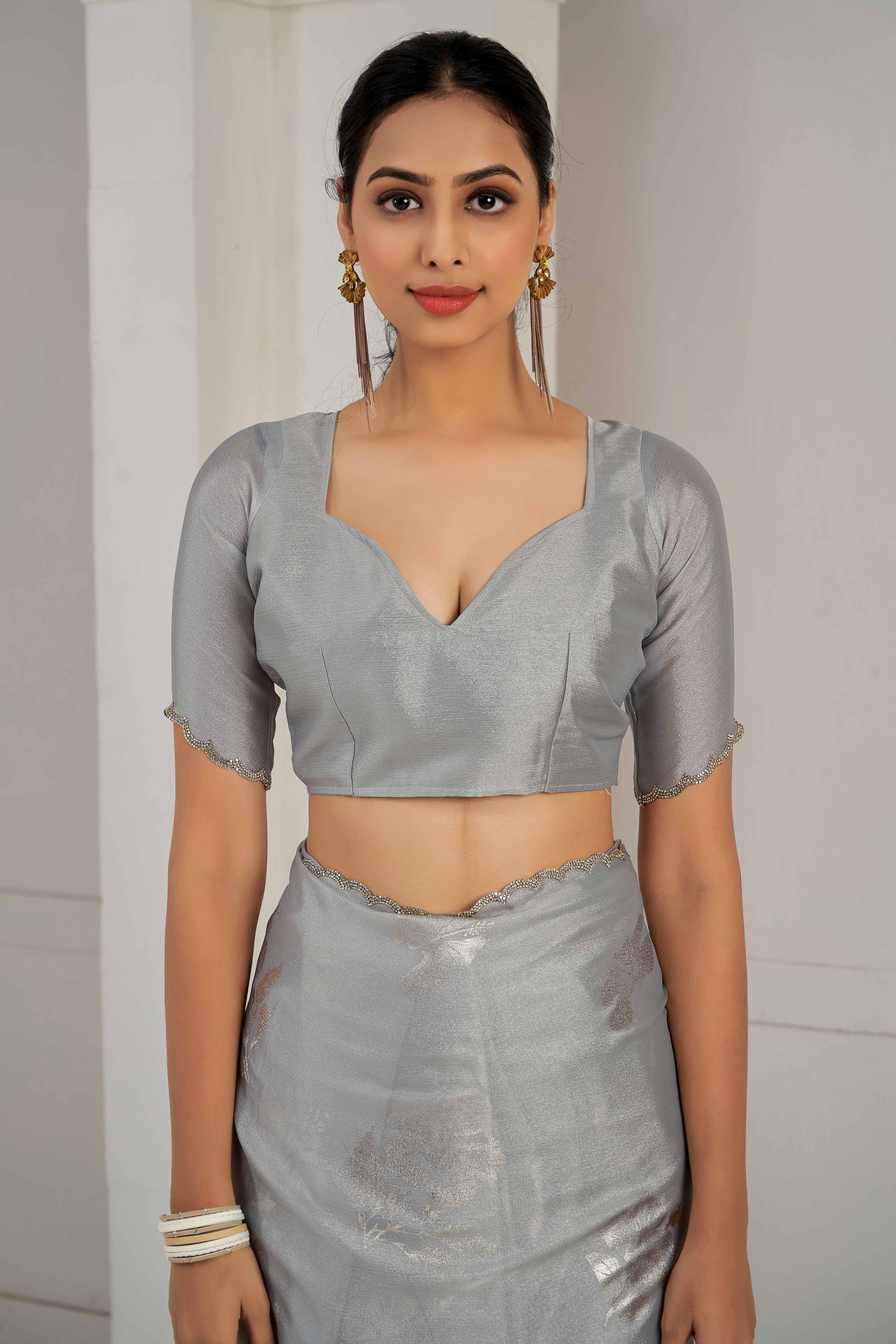 Grey Floral Printed Stone Work Satin Saree