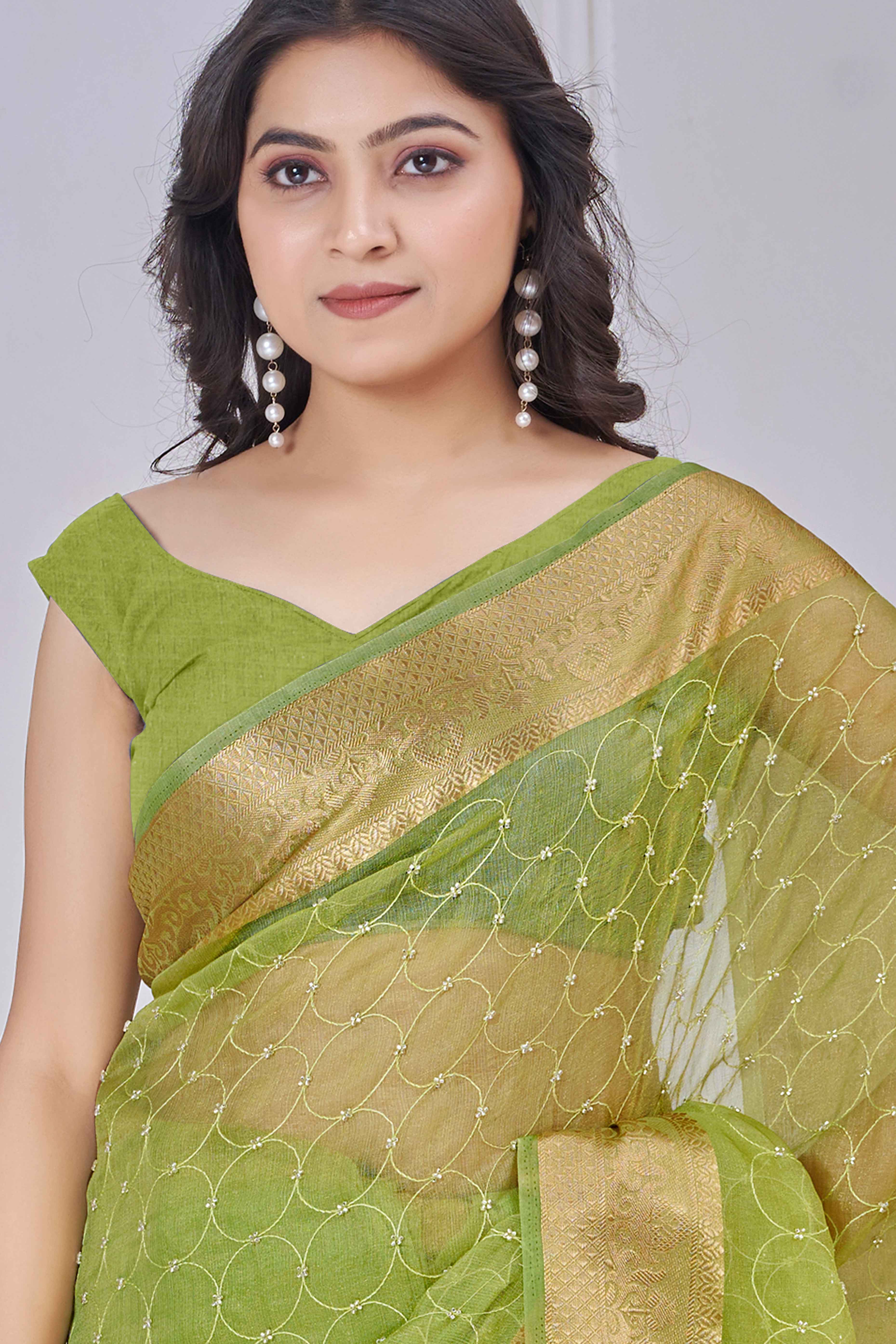 Green Pure Jacquard Saree Weaving with Delicate Beads and Embroidery