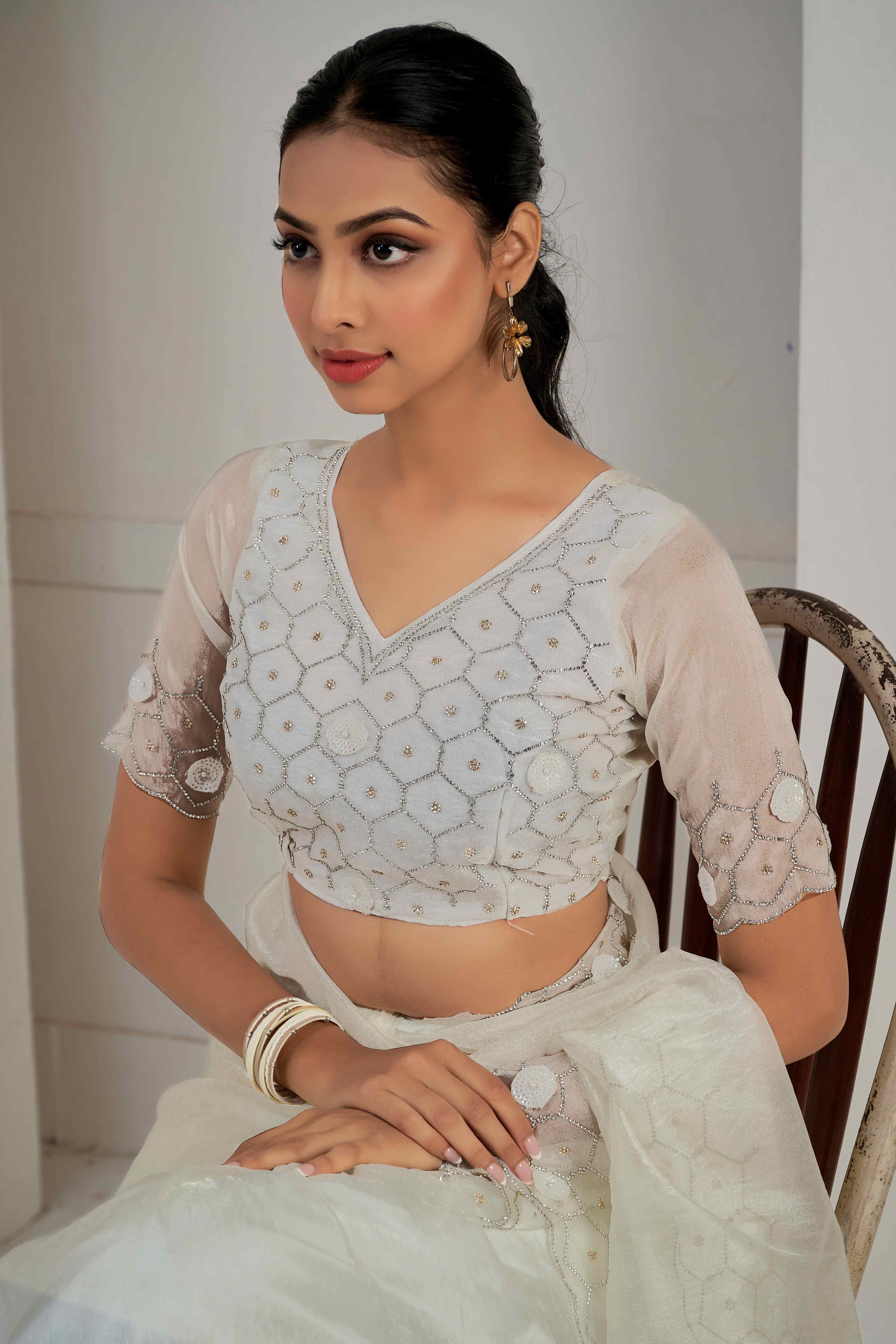 White Stone Work Soft Organza Saree