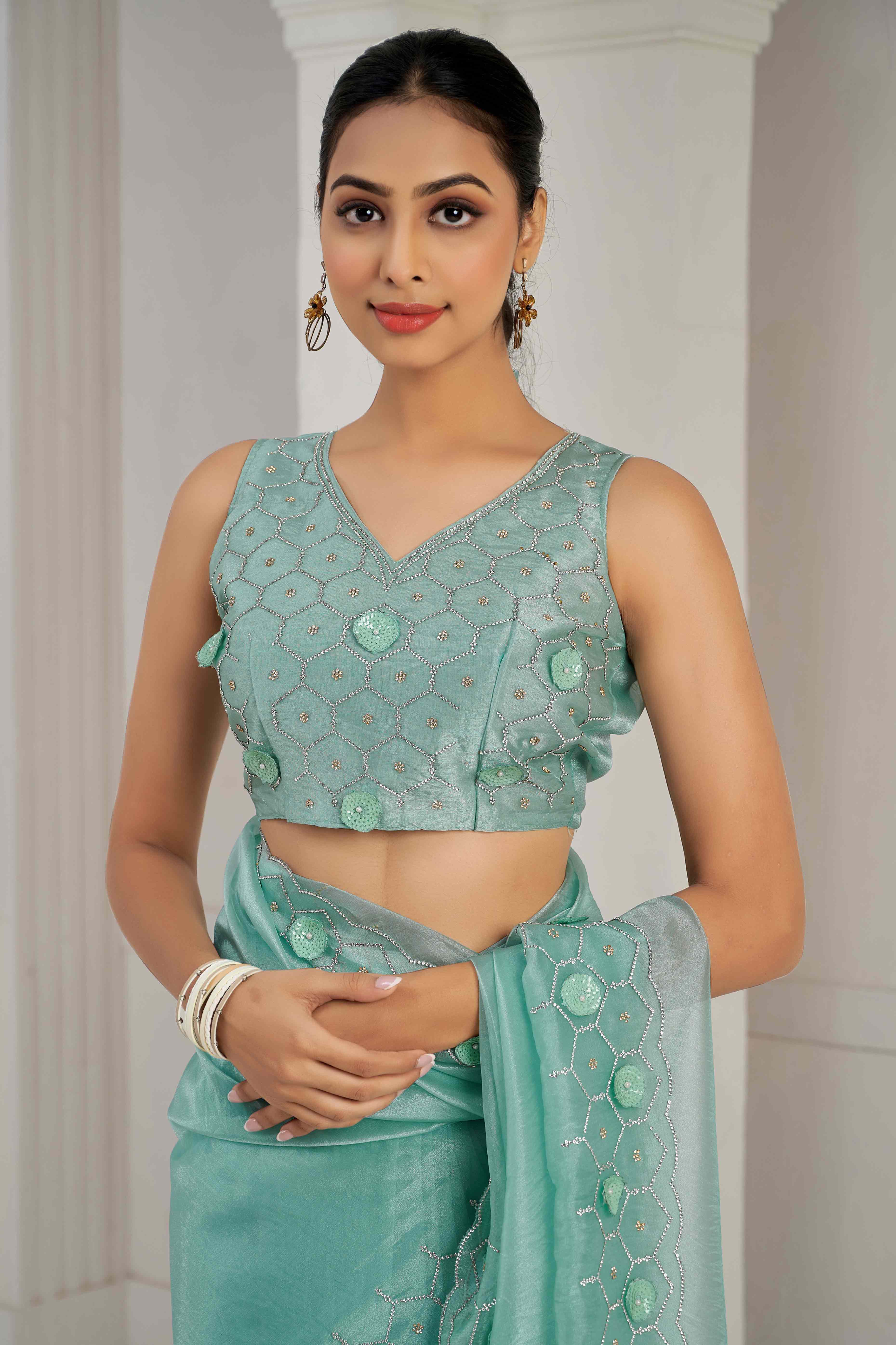 Turquoise Stone Work Soft Organza Saree