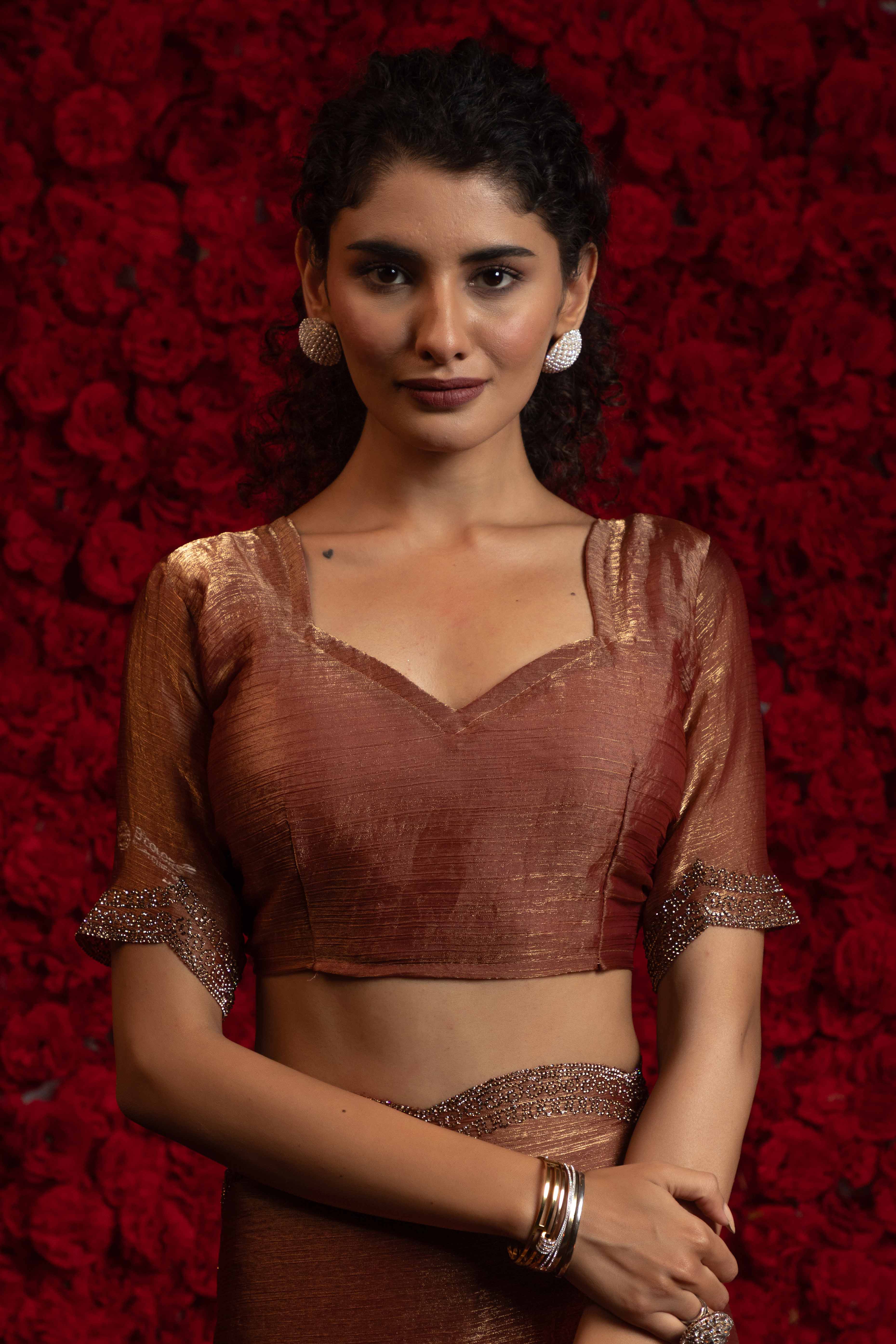 Brown Stone Work Embellished Satin Chiffon Partywear Saree