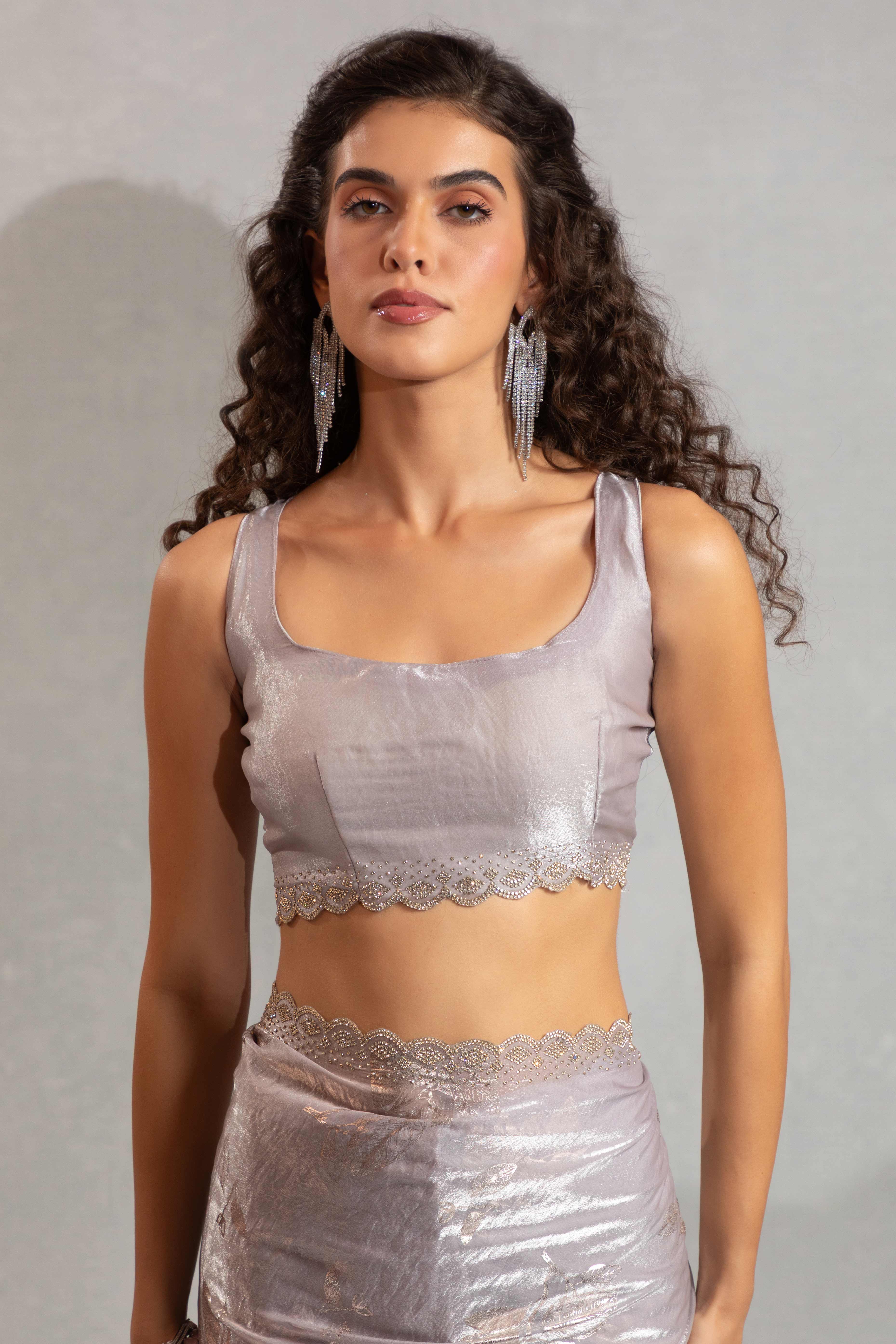 Designer Grey Satin Silk Saree Adorned with Foil & Stone Embellishments