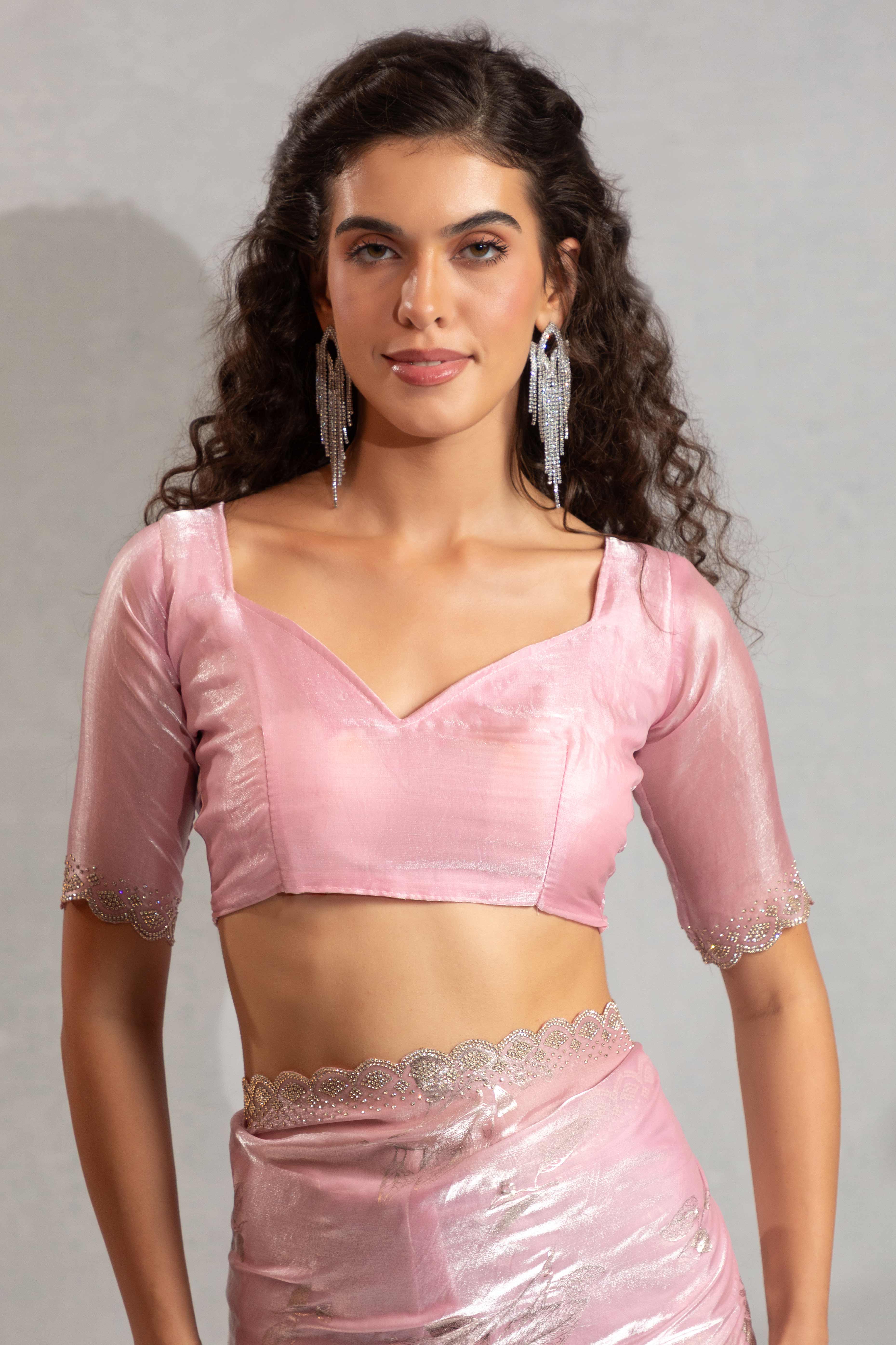 Designer Pink Satin Silk Saree Adorned with Foil & Stone Embellishments