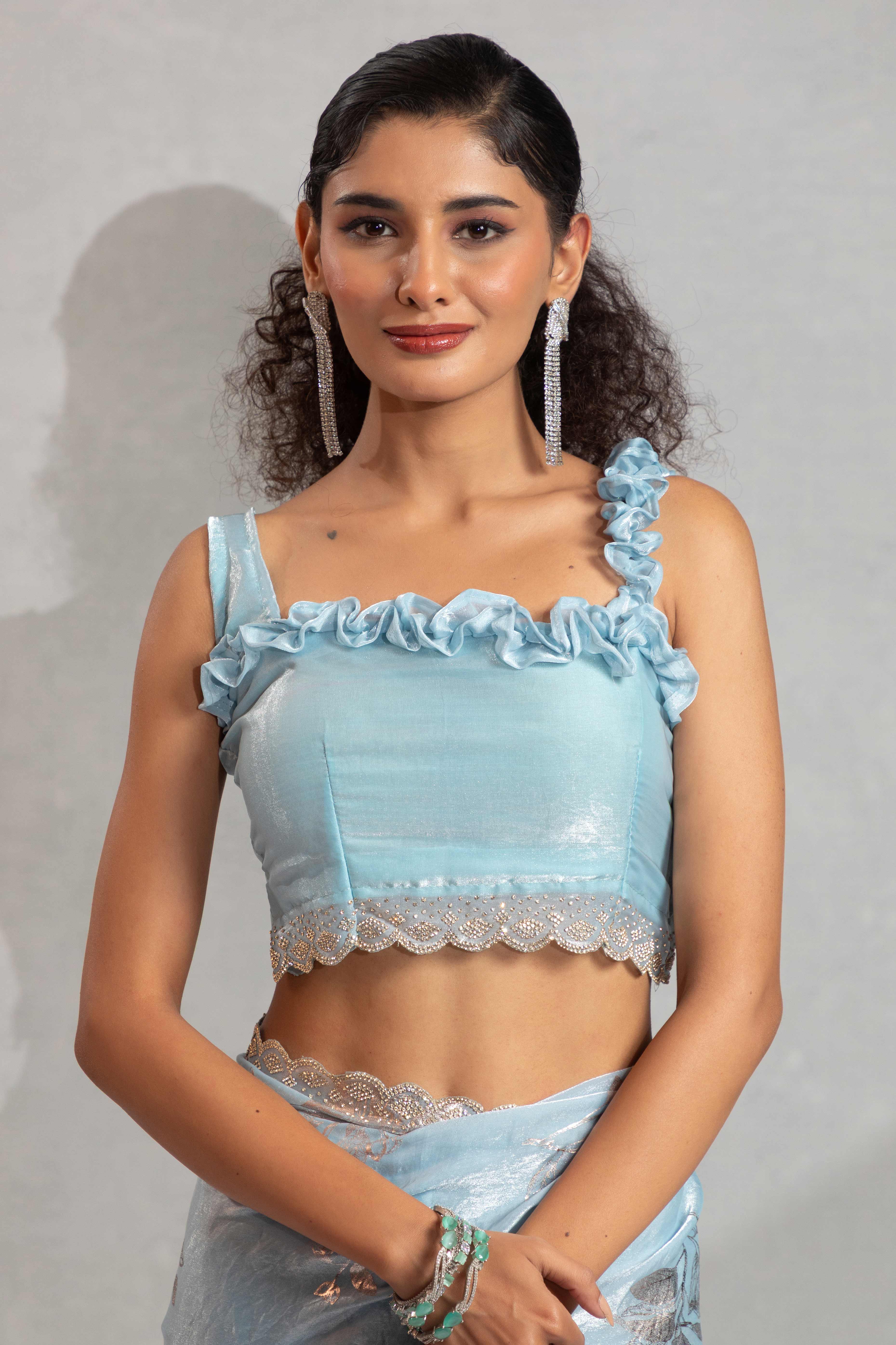 Designer Sky Blue Satin Silk Saree Adorned with Foil & Stone Embellishments