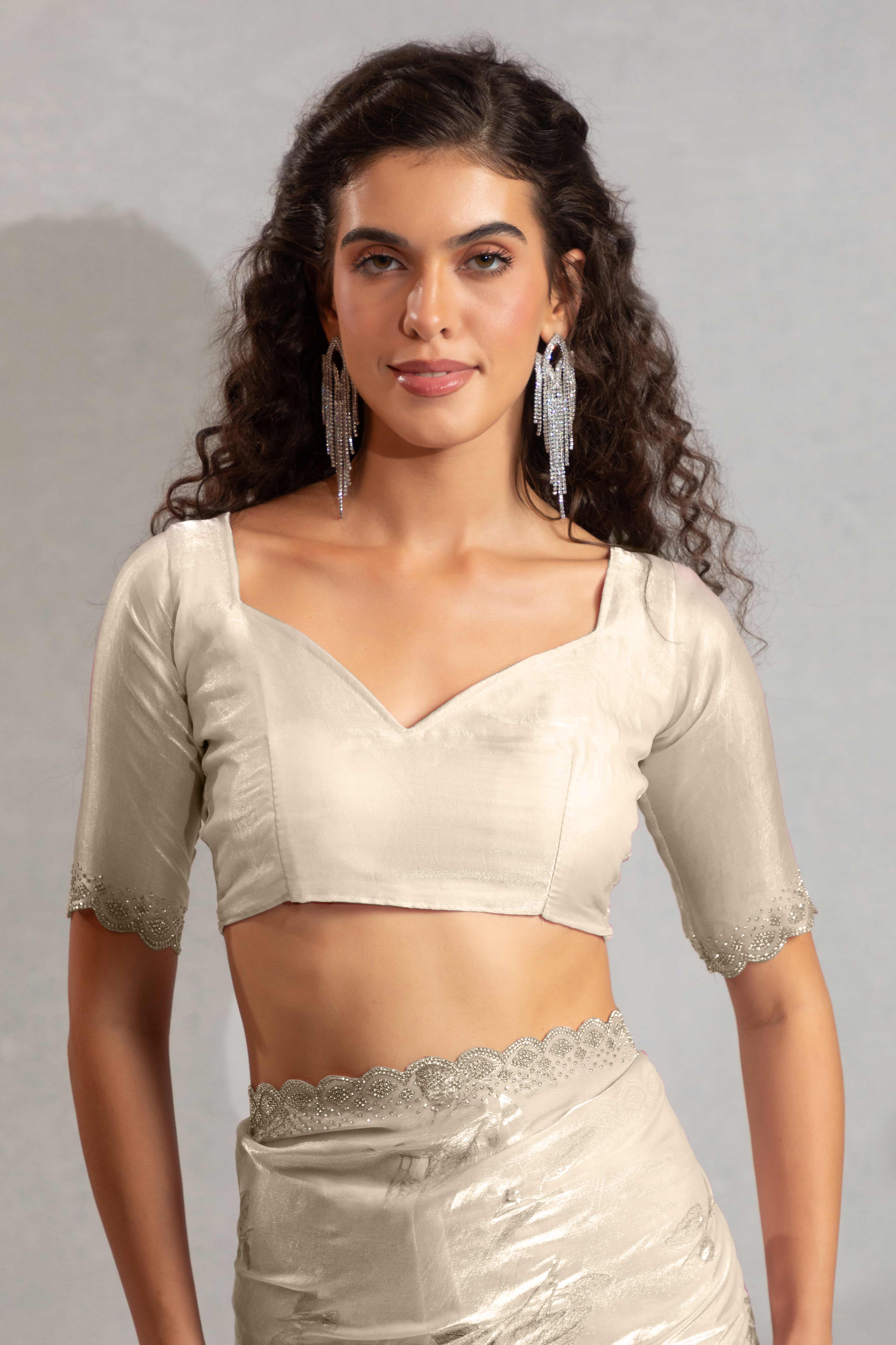 Designer Off White Satin Silk Saree Adorned with Foil & Stone Embellishments