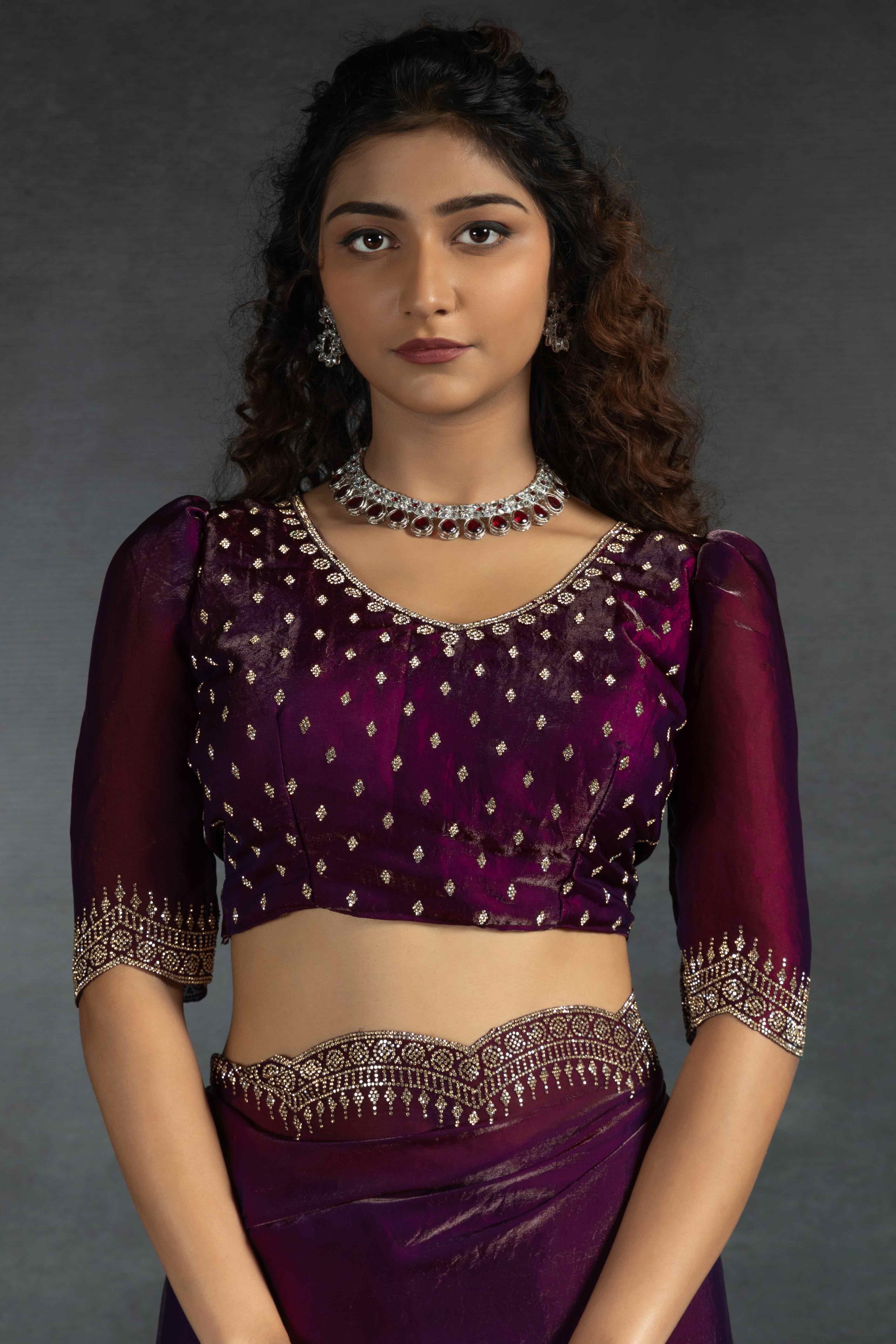 Magenta Satin Saree Embellished with Stones for a Party Look