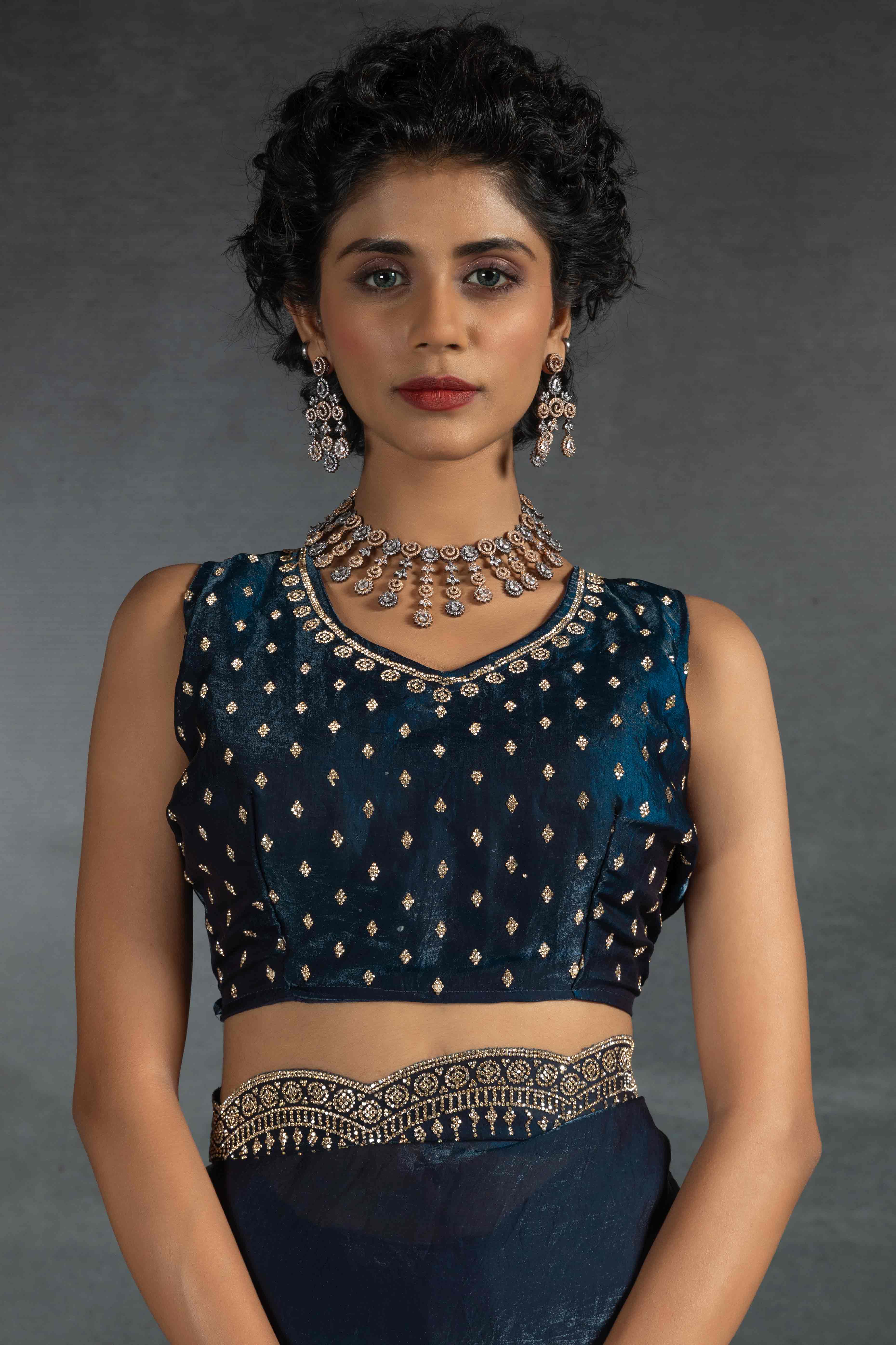 Blue Satin Saree Embellished with Stones for a Party Look