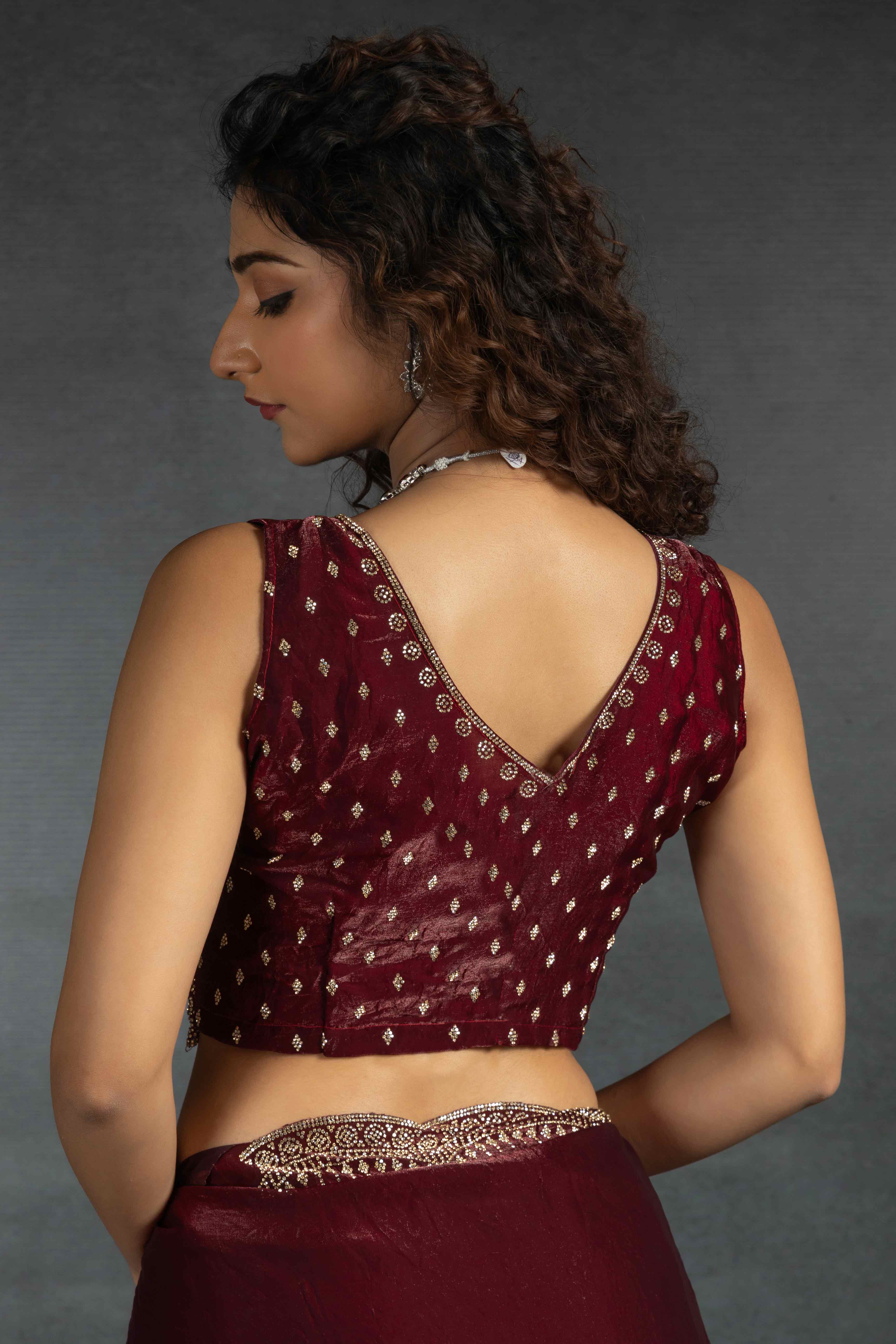Maroon Satin Saree Embellished with Stones for a Party Look