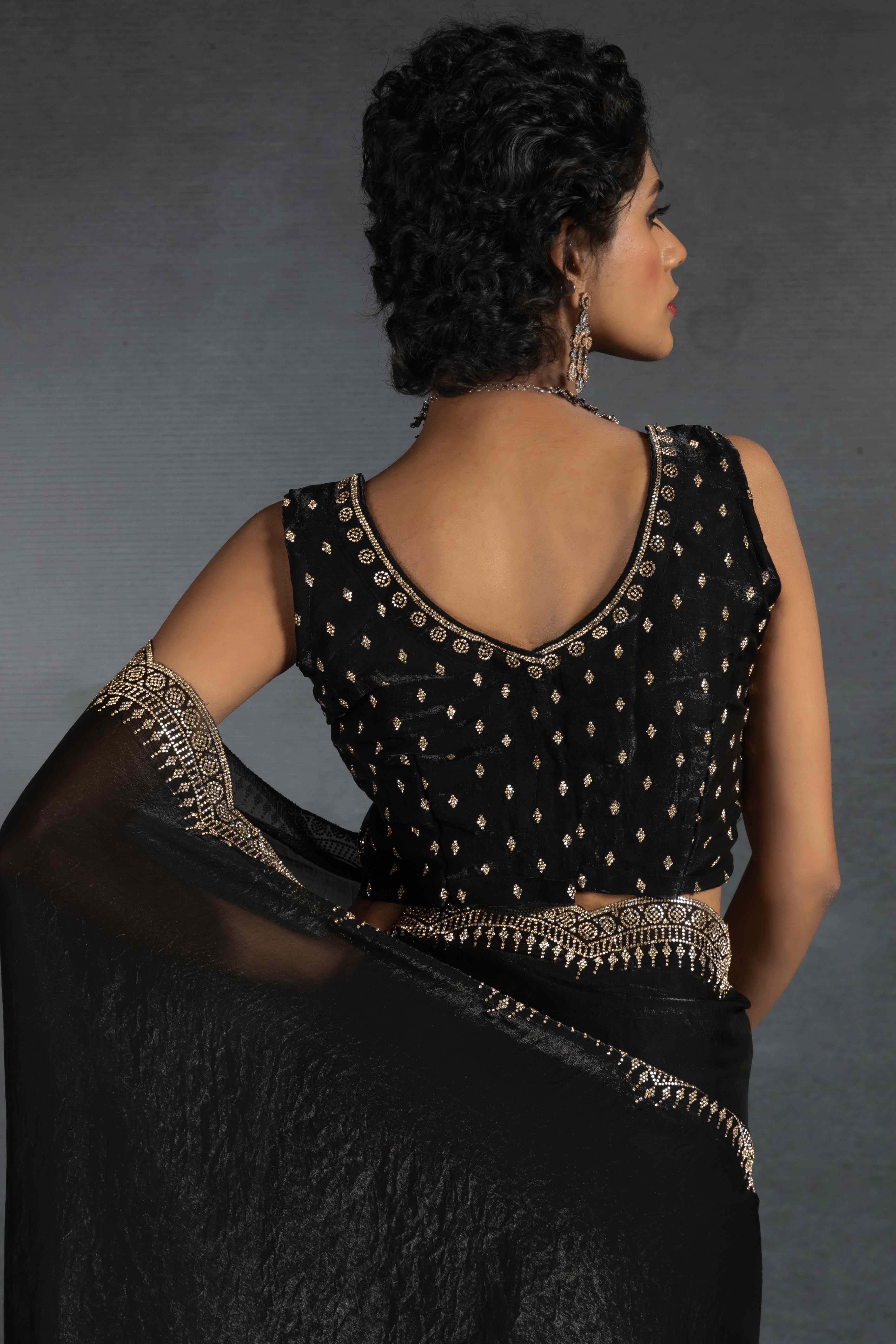 Black Satin Saree Embellished with Stones for a Party Look