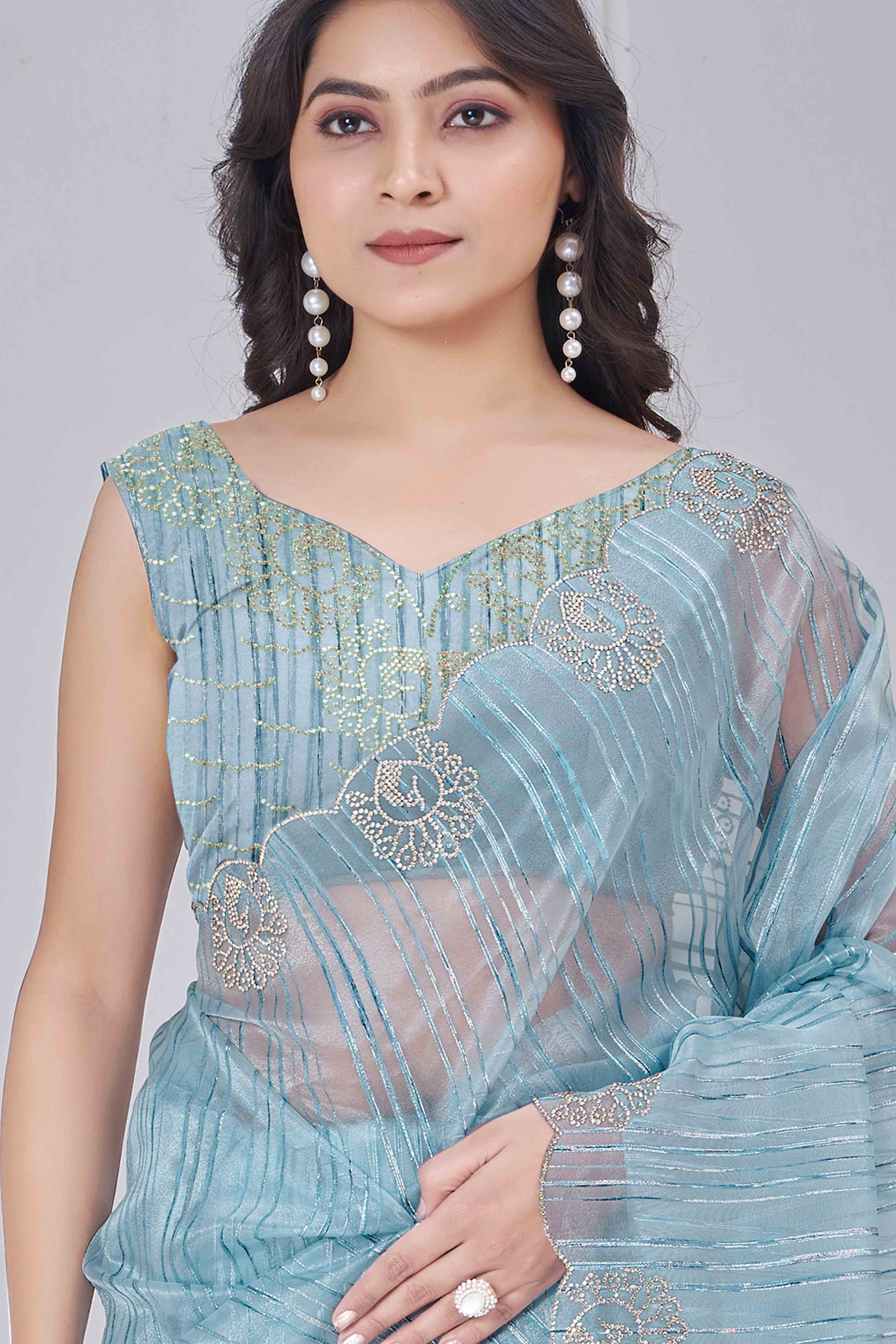 Sky Blue Cotton Blend Saree with Modern Stripes and Delicate Stone Embroidery