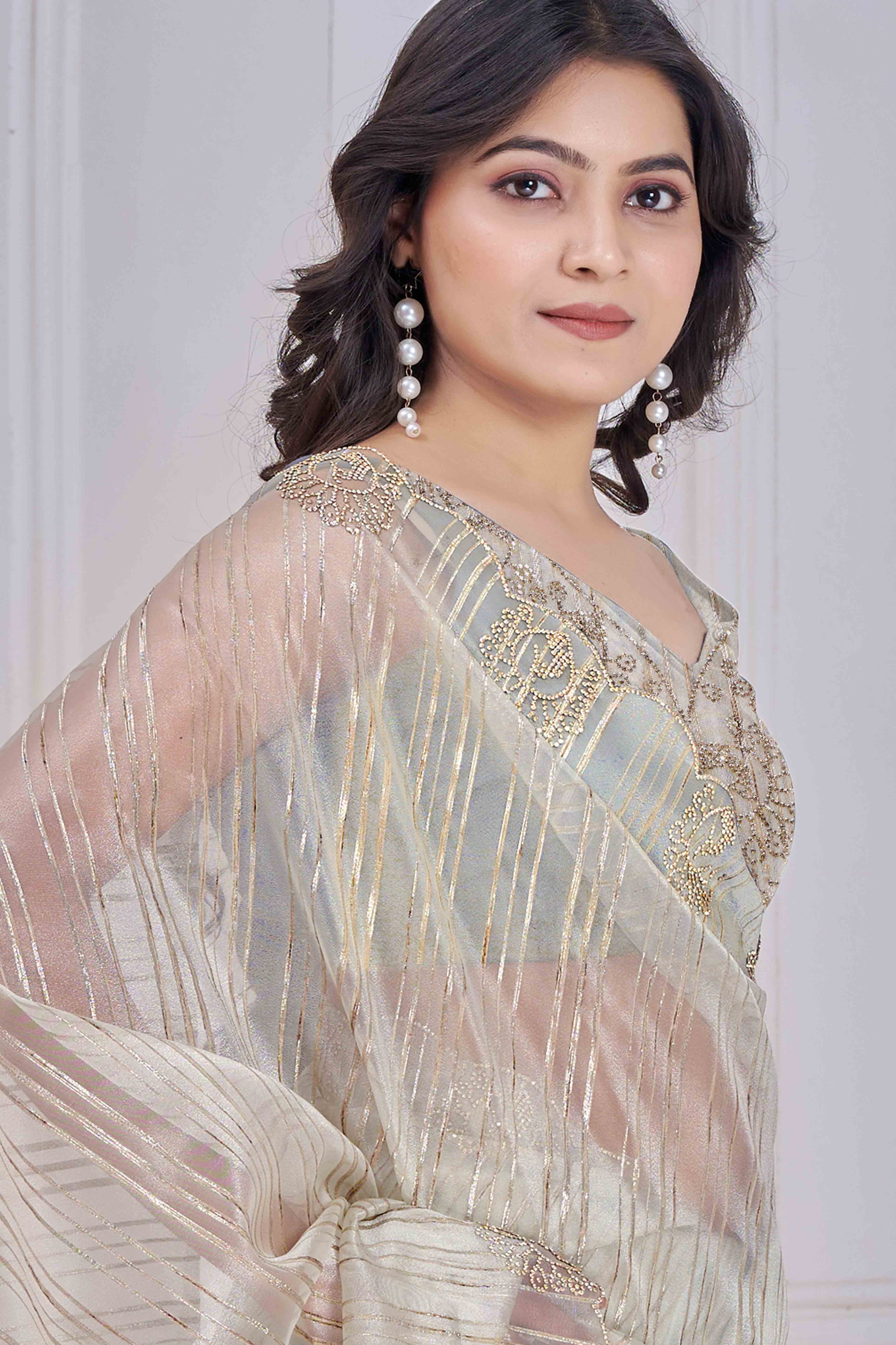 Light Beige Cotton Blend Saree with Modern Stripes and Delicate Stone Embroidery