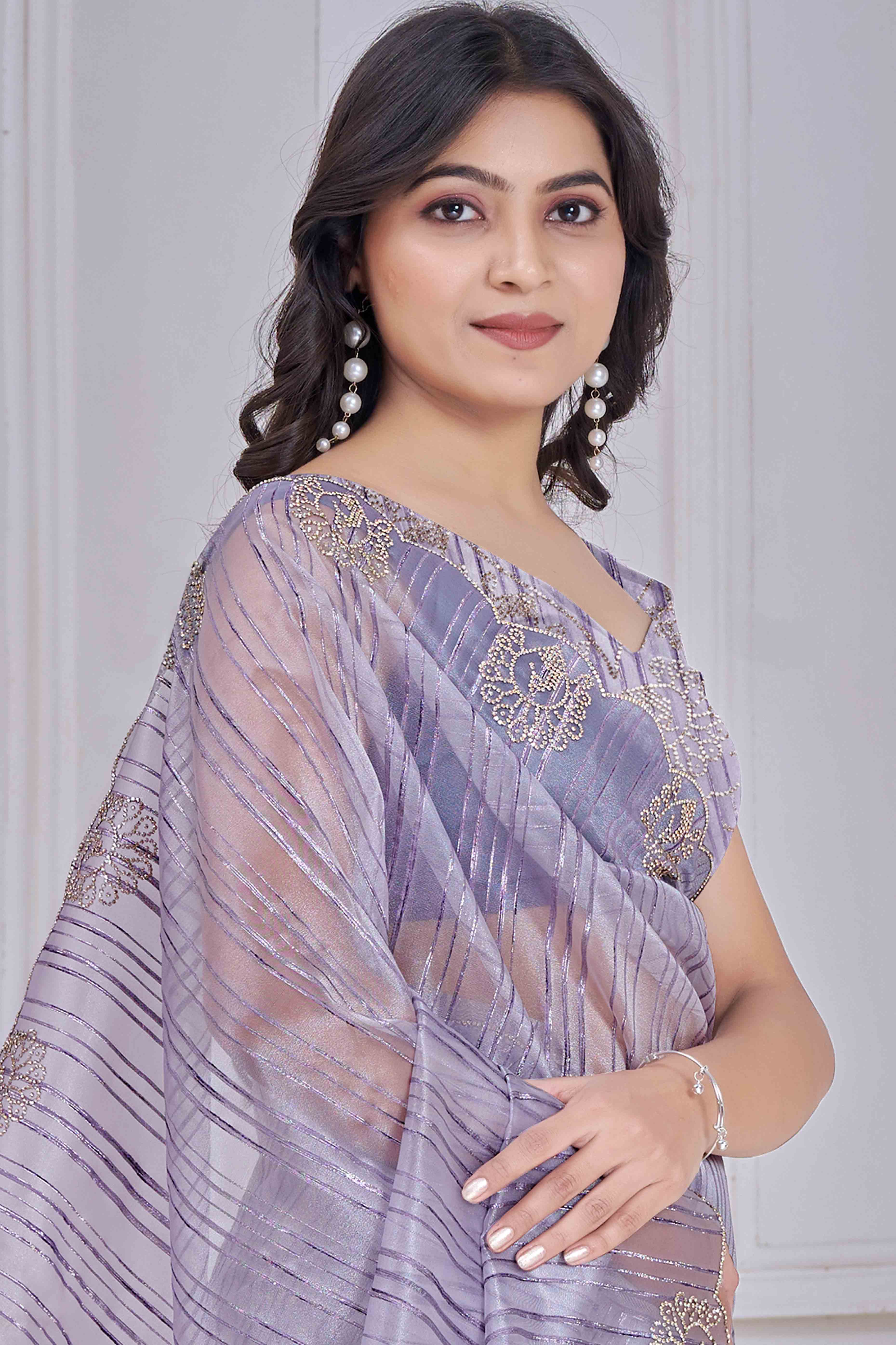 Lavender Cotton Blend Saree with Modern Stripes and Delicate Stone Embroidery