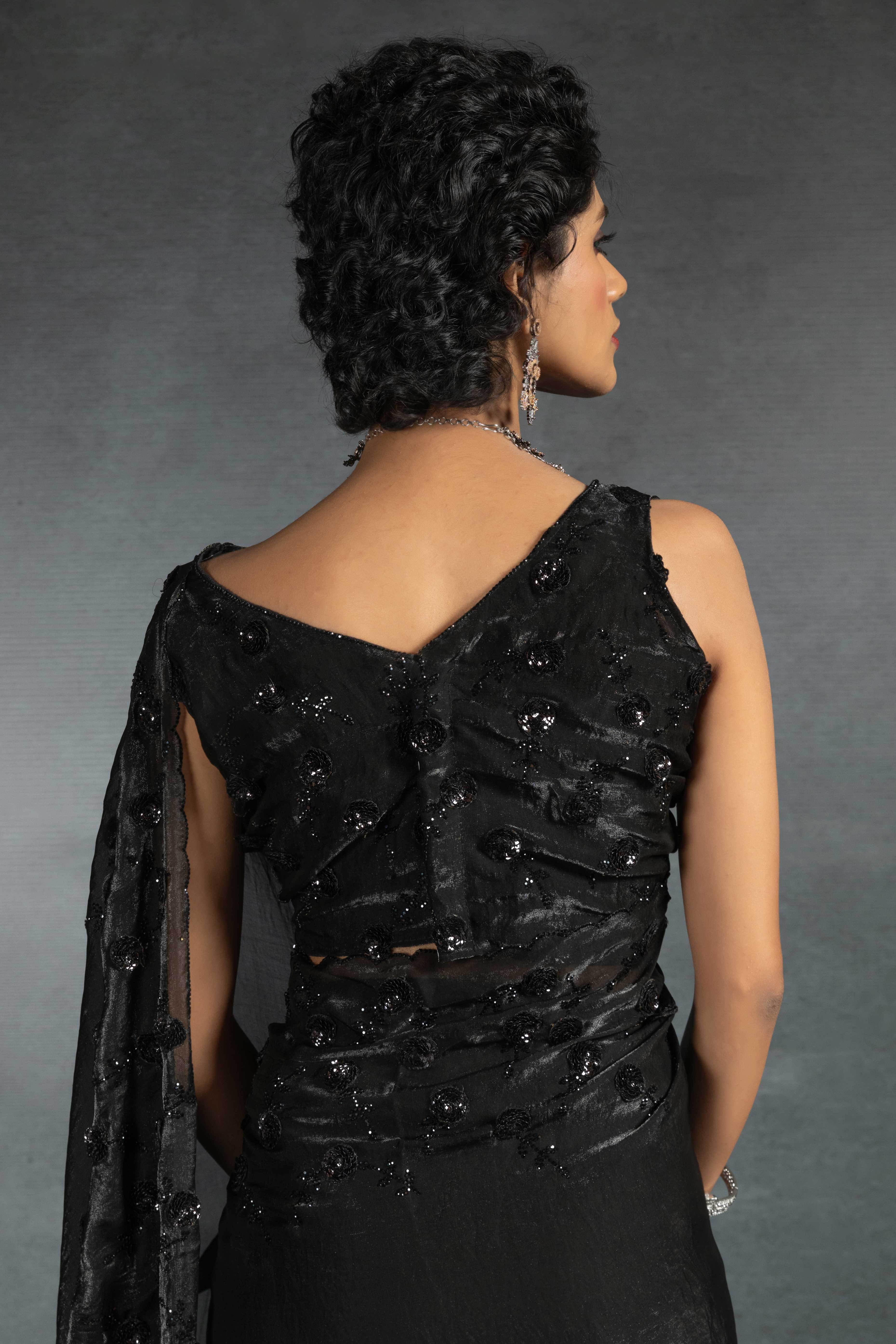 Black Satin Saree with Stone and Sequin Embellishment