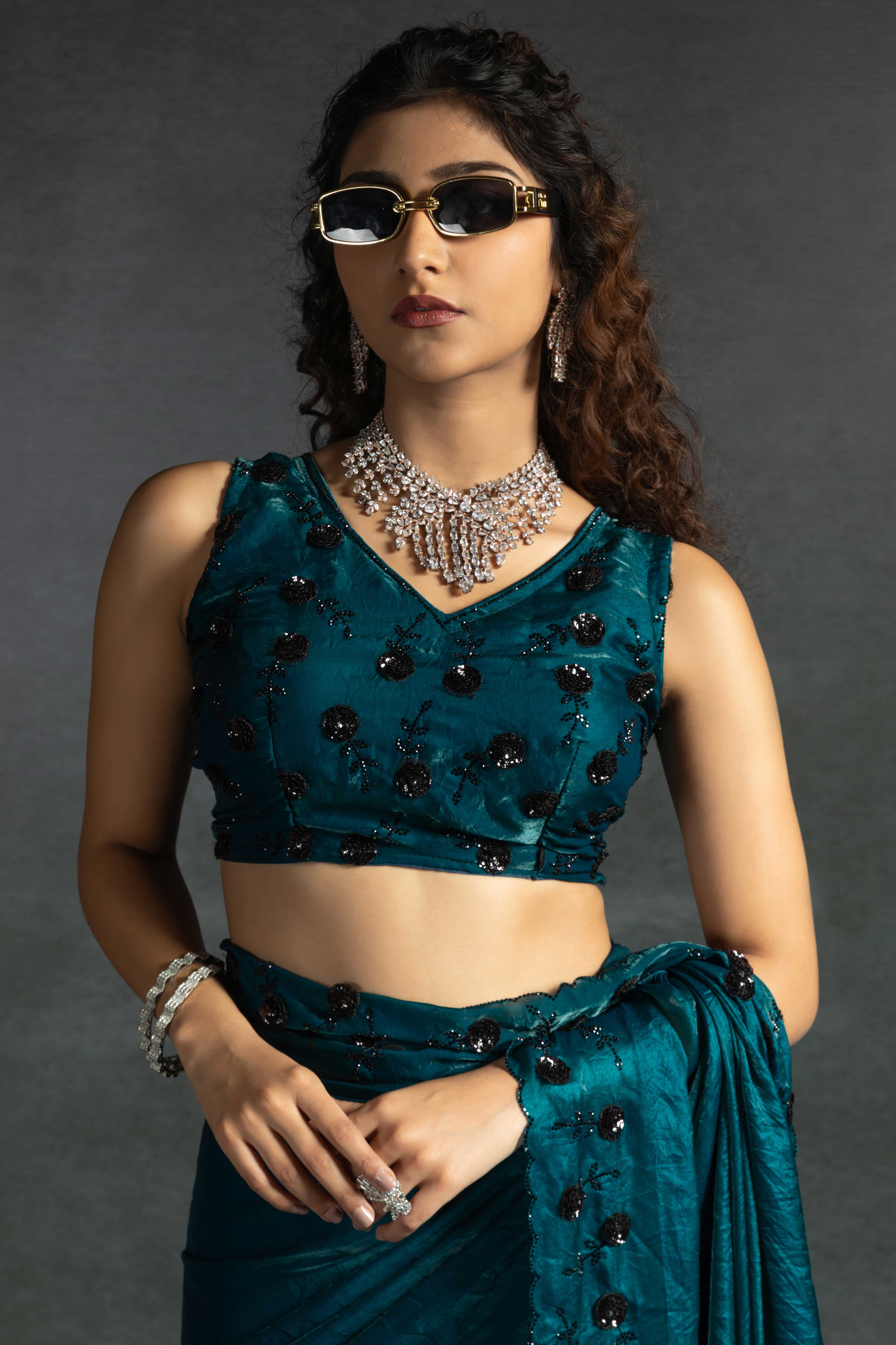 Teal Satin Saree with Stone and Sequin Embellishment